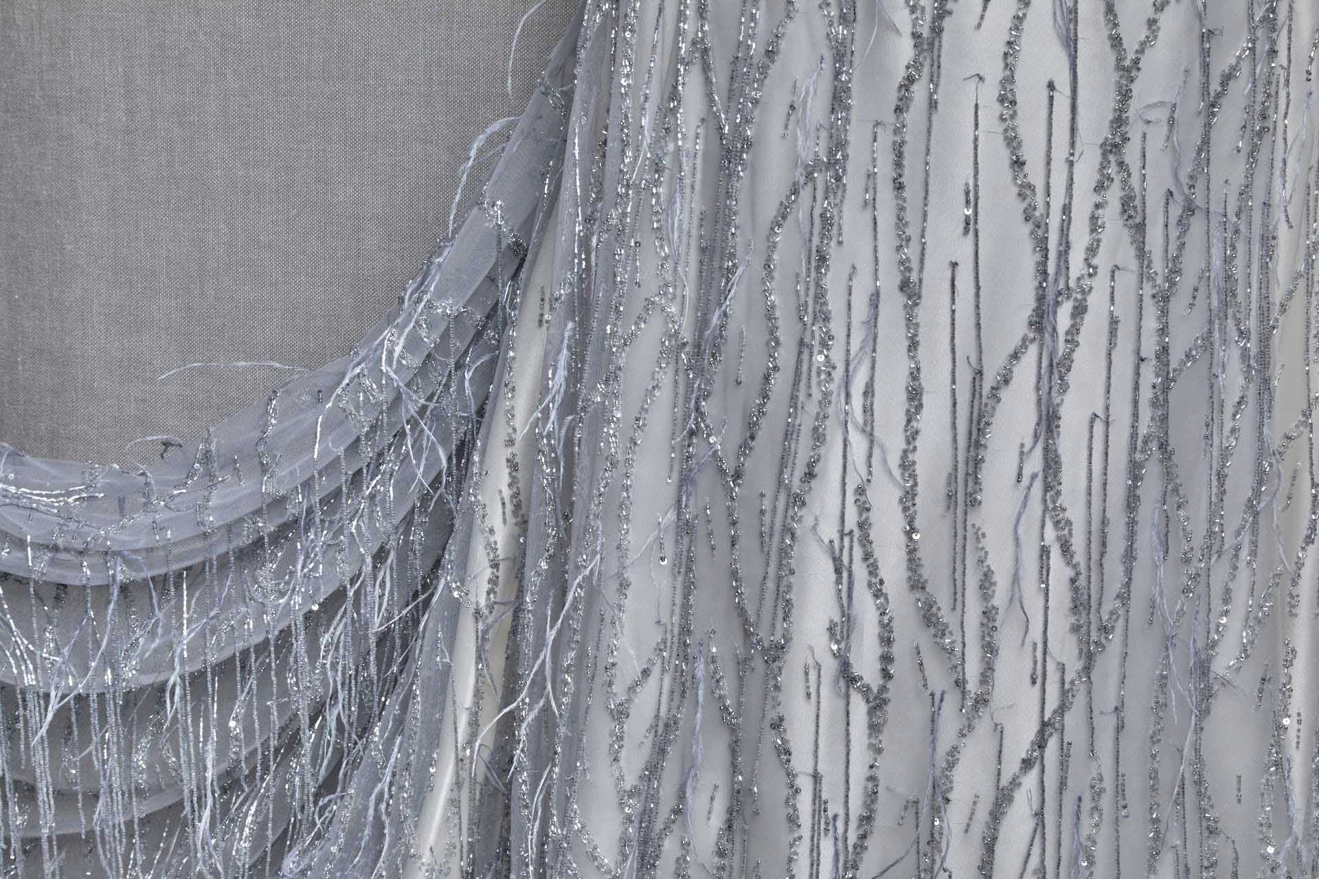 Beaded and Sequinned Nylon Tulle with Tassle Strings of Beads - Pale Grey fabric, image 3 of 7