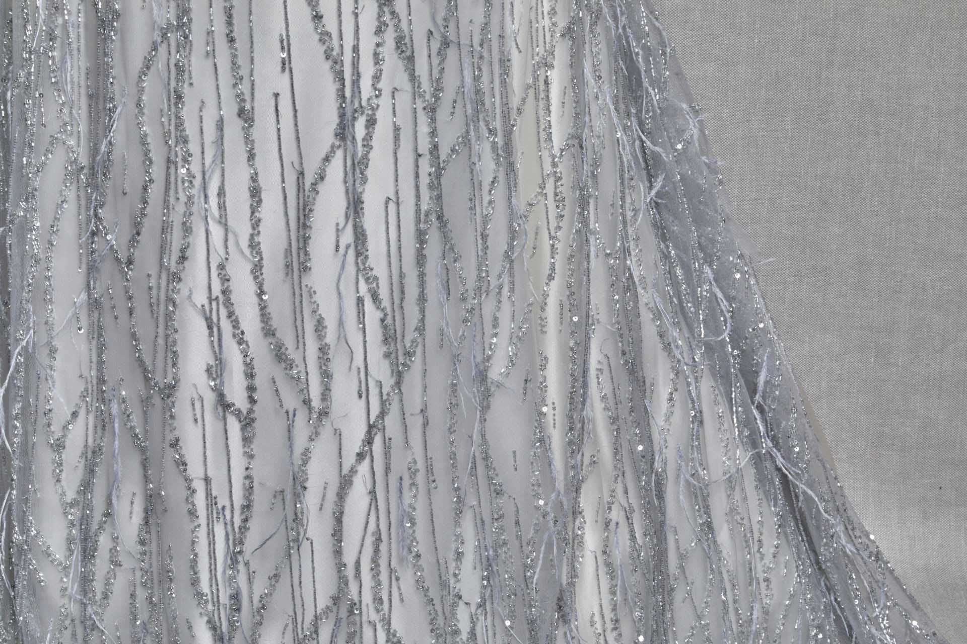 Beaded and Sequinned Nylon Tulle with Tassle Strings of Beads - Pale Grey - 0.2m Piece fabric, image 4 of 7