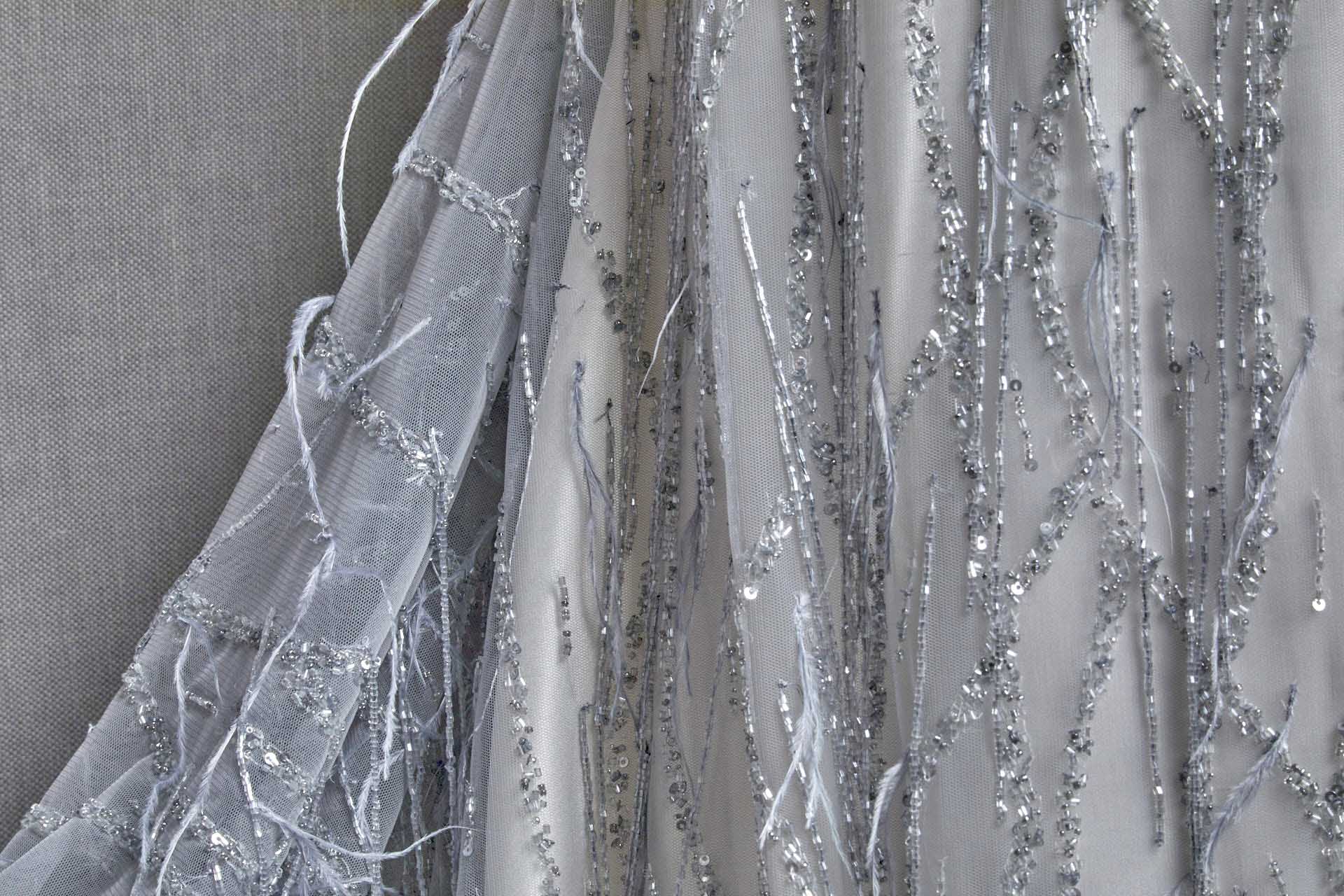 Beaded and Sequinned Nylon Tulle with Tassle Strings of Beads - Pale Grey fabric, image 5 of 7