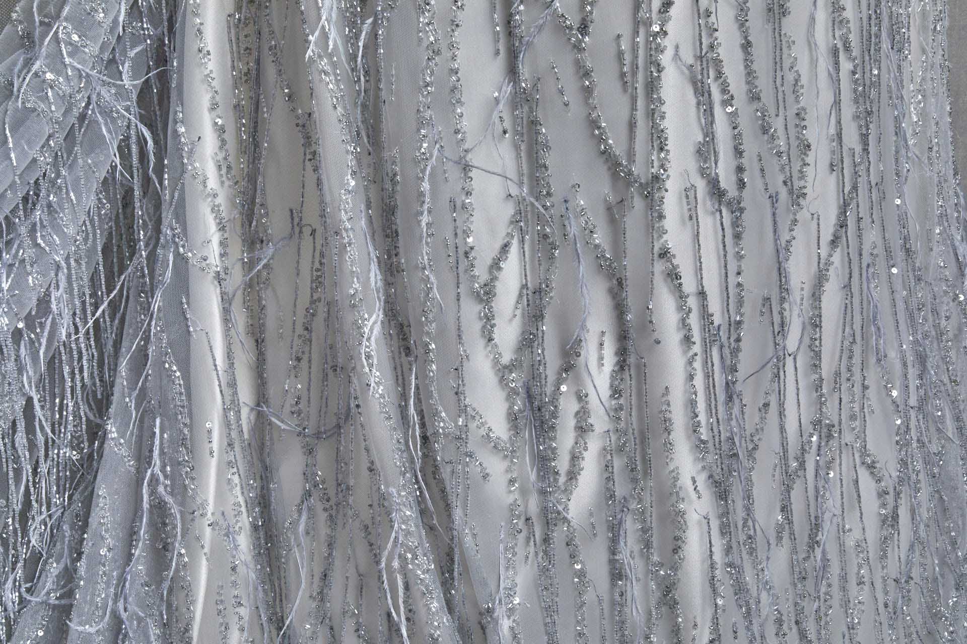 Beaded and Sequinned Nylon Tulle with Tassle Strings of Beads - Pale Grey - 0.2m Piece fabric, image 6 of 7