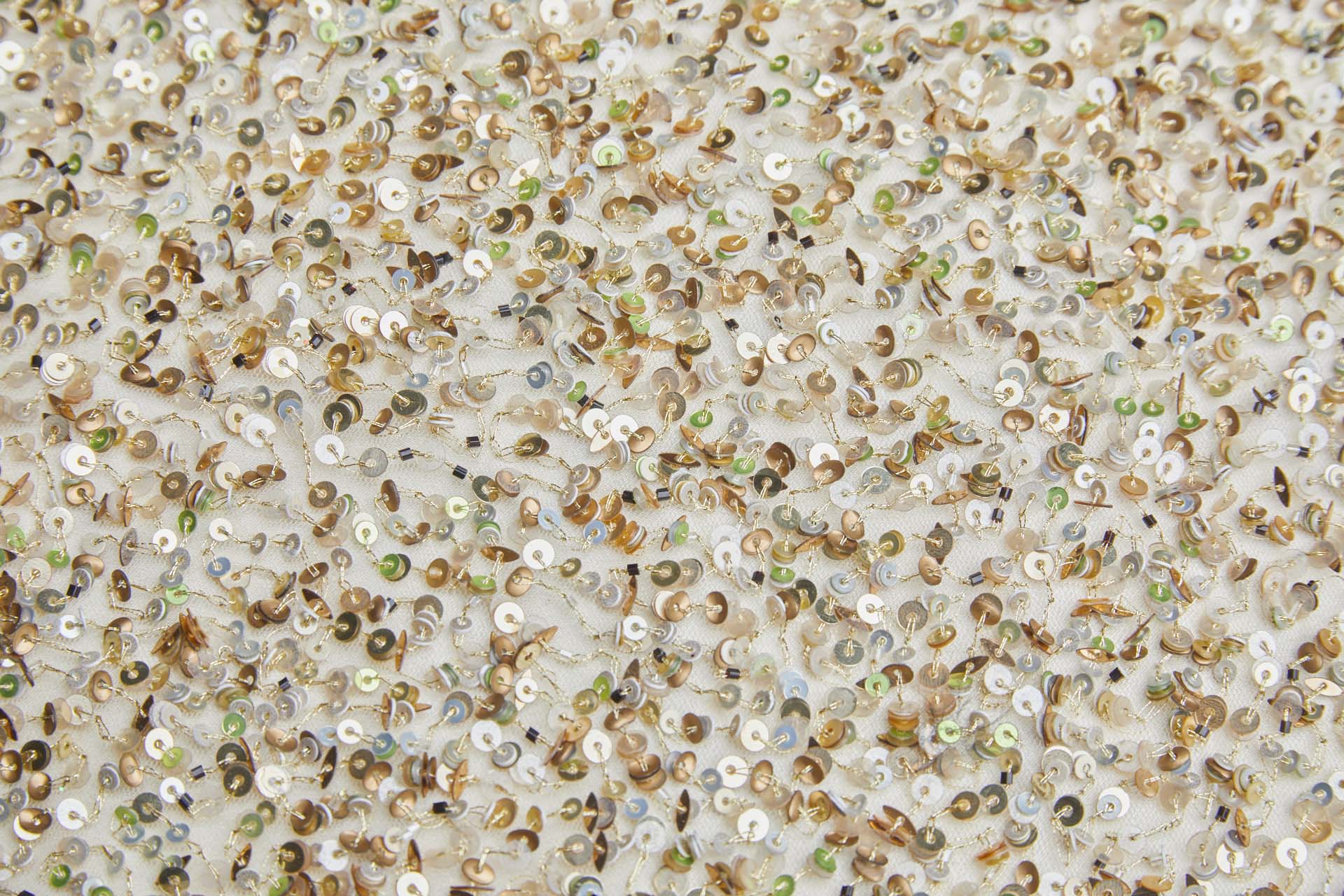 Bronze, Gold and Green Mixed Sequins on Nude Tulle fabric