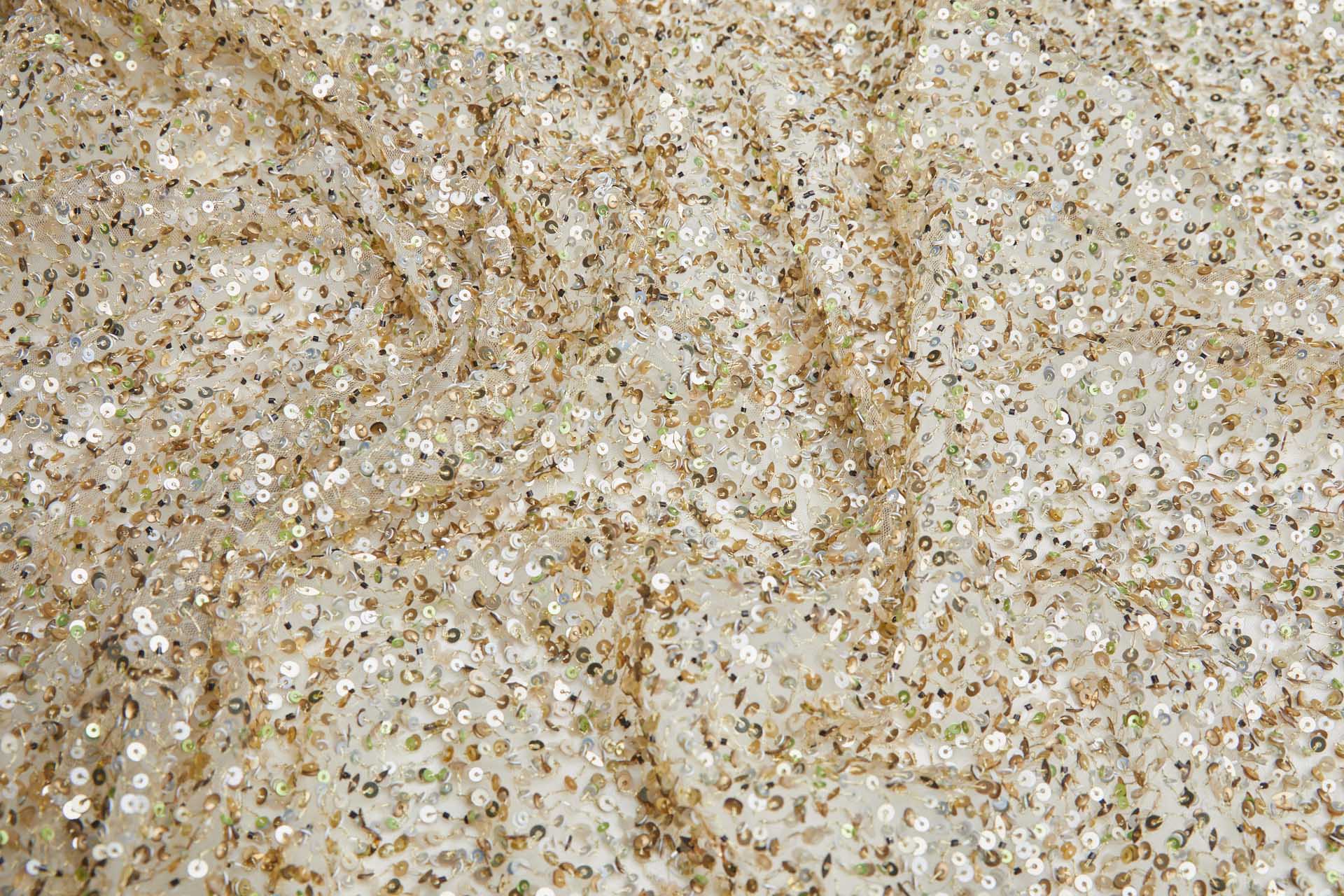 Bronze, Gold and Green Mixed Sequins on Nude Tulle fabric, image 2 of 10