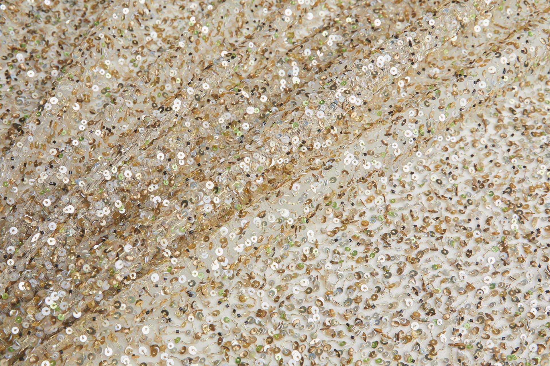 Bronze, Gold and Green Mixed Sequins on Nude Tulle fabric, image 4 of 10