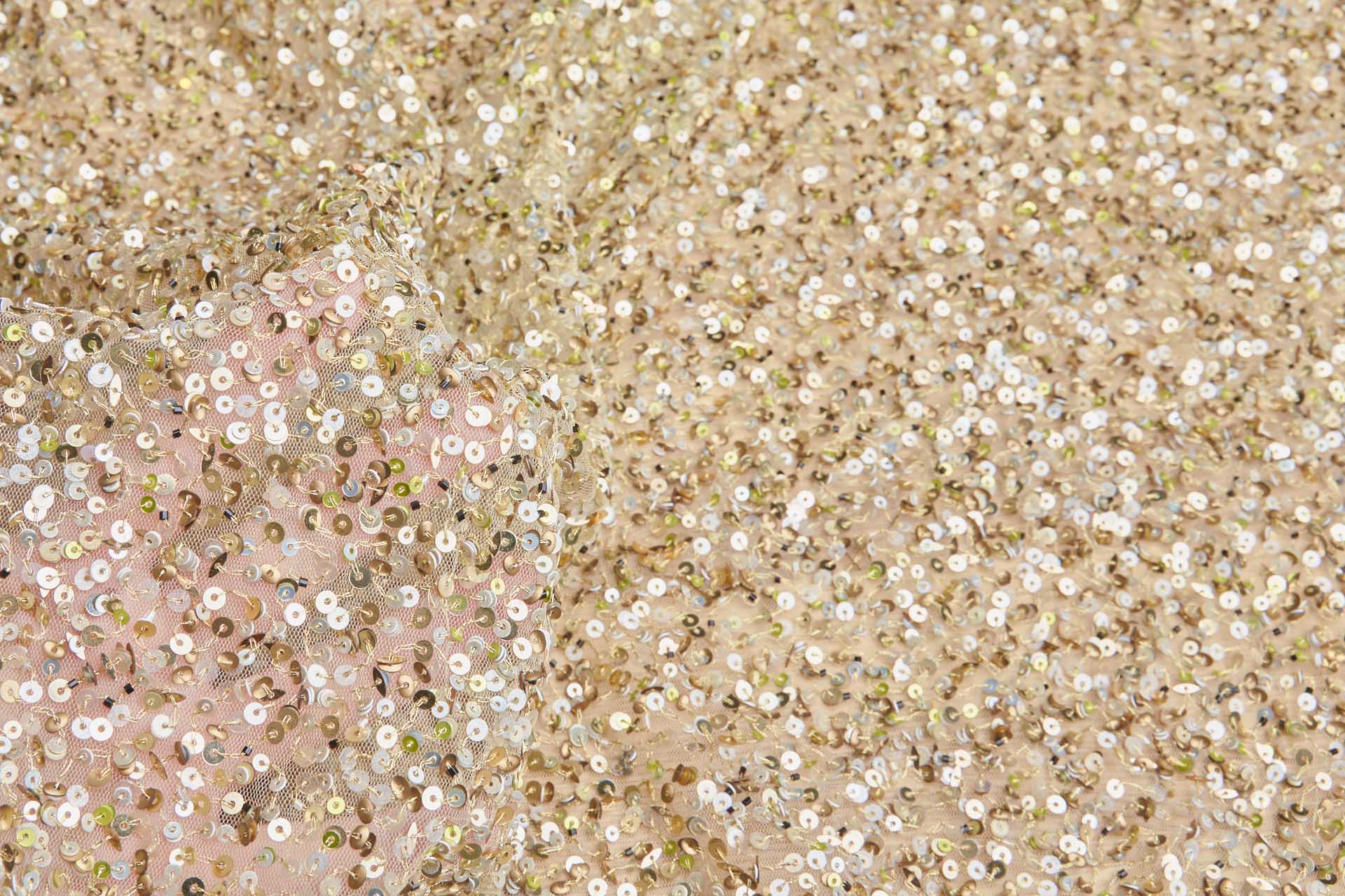 Bronze, Gold and Green Mixed Sequins on Nude Tulle fabric, image 8 of 10