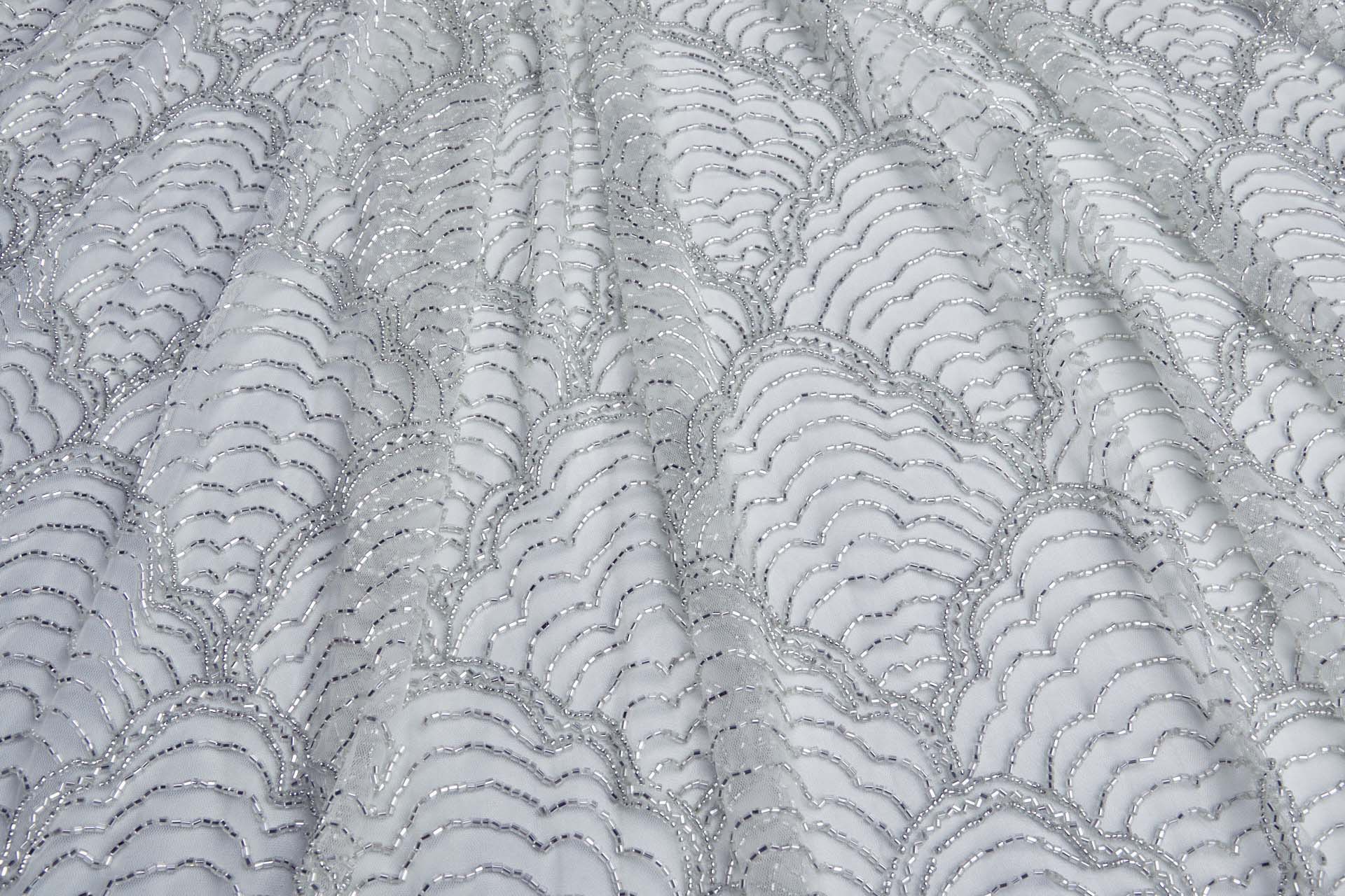 Seashell Scallop Pattern Beaded Tulle - Ice Blue fabric