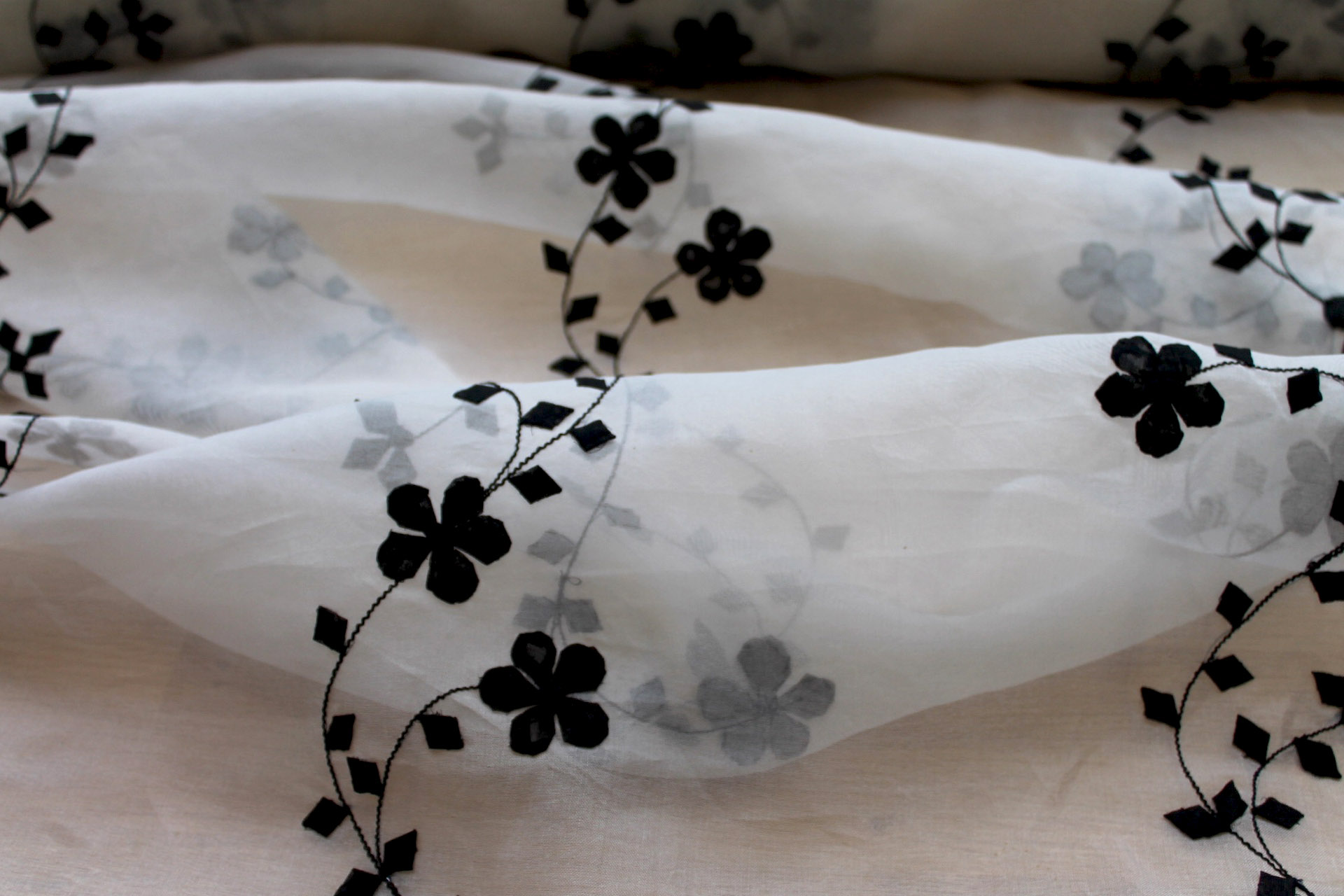 White Silk Organza - Black Applique Flowers fabric