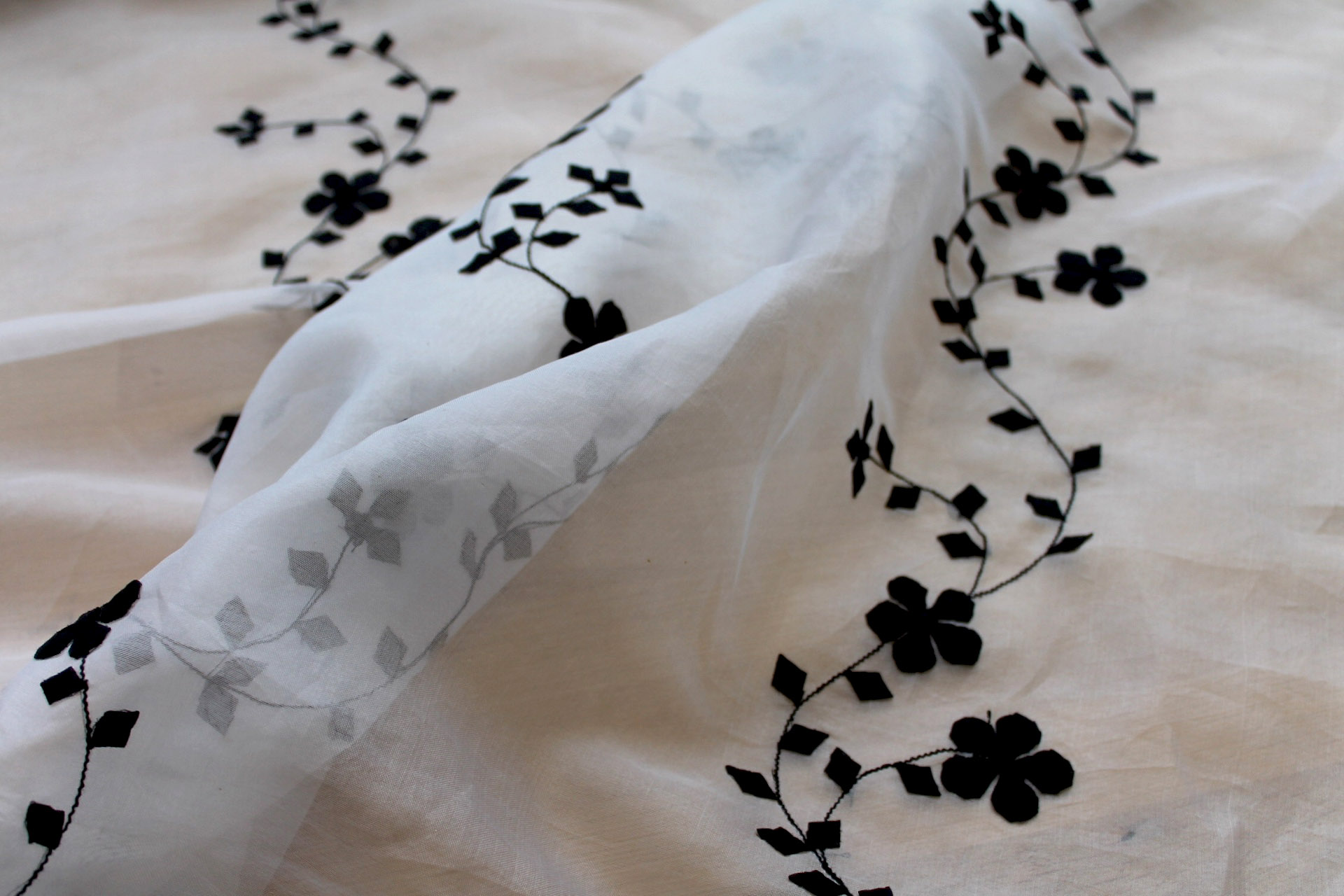 White Silk Organza - Black Applique Flowers fabric, image 2 of 8