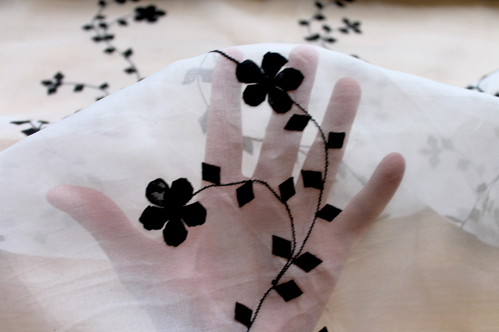 White Silk Organza - Black Applique Flowers - 0.3m Piece fabric, image 4 of 9