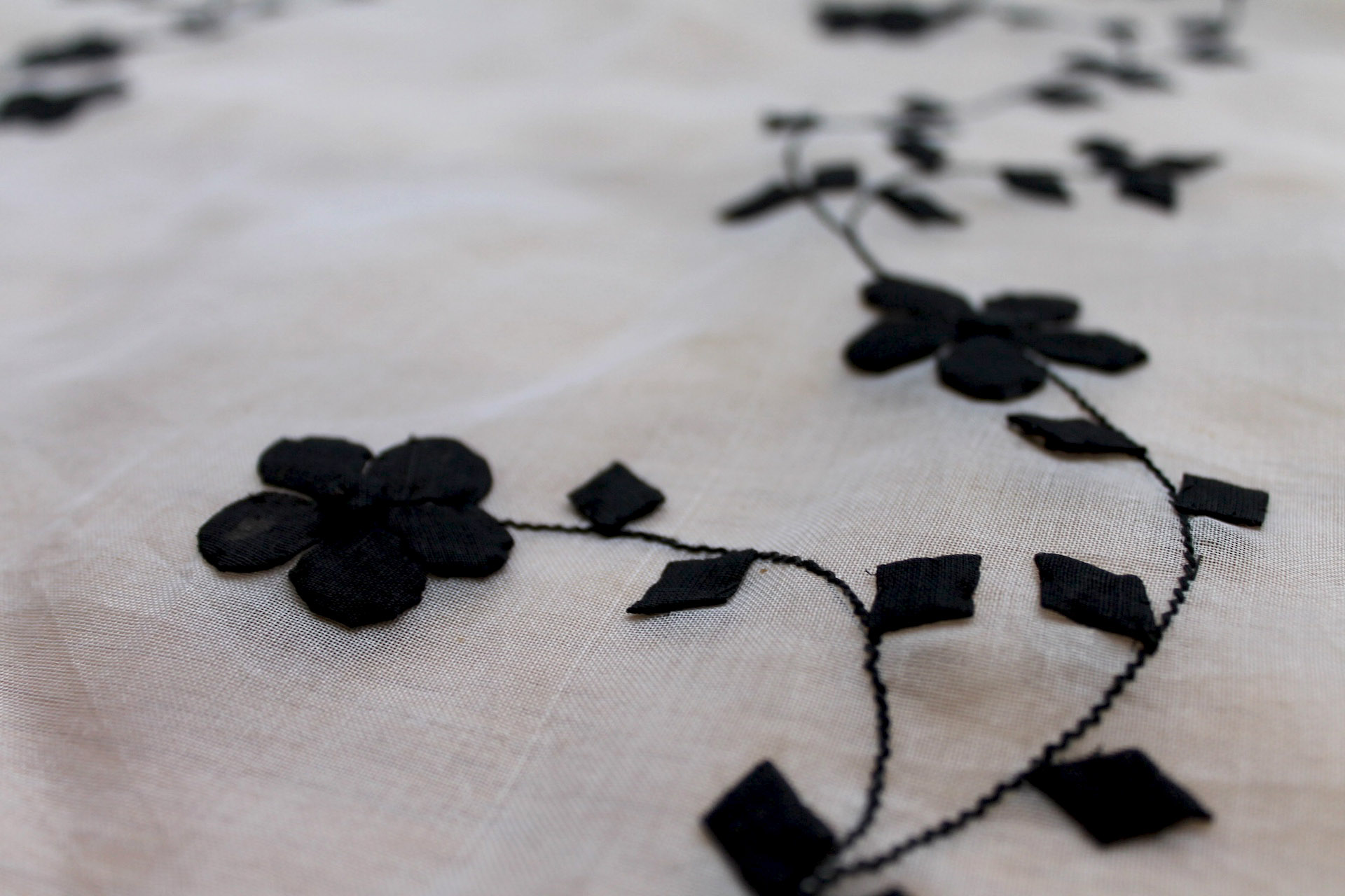 White Silk Organza - Black Applique Flowers fabric, image 5 of 8
