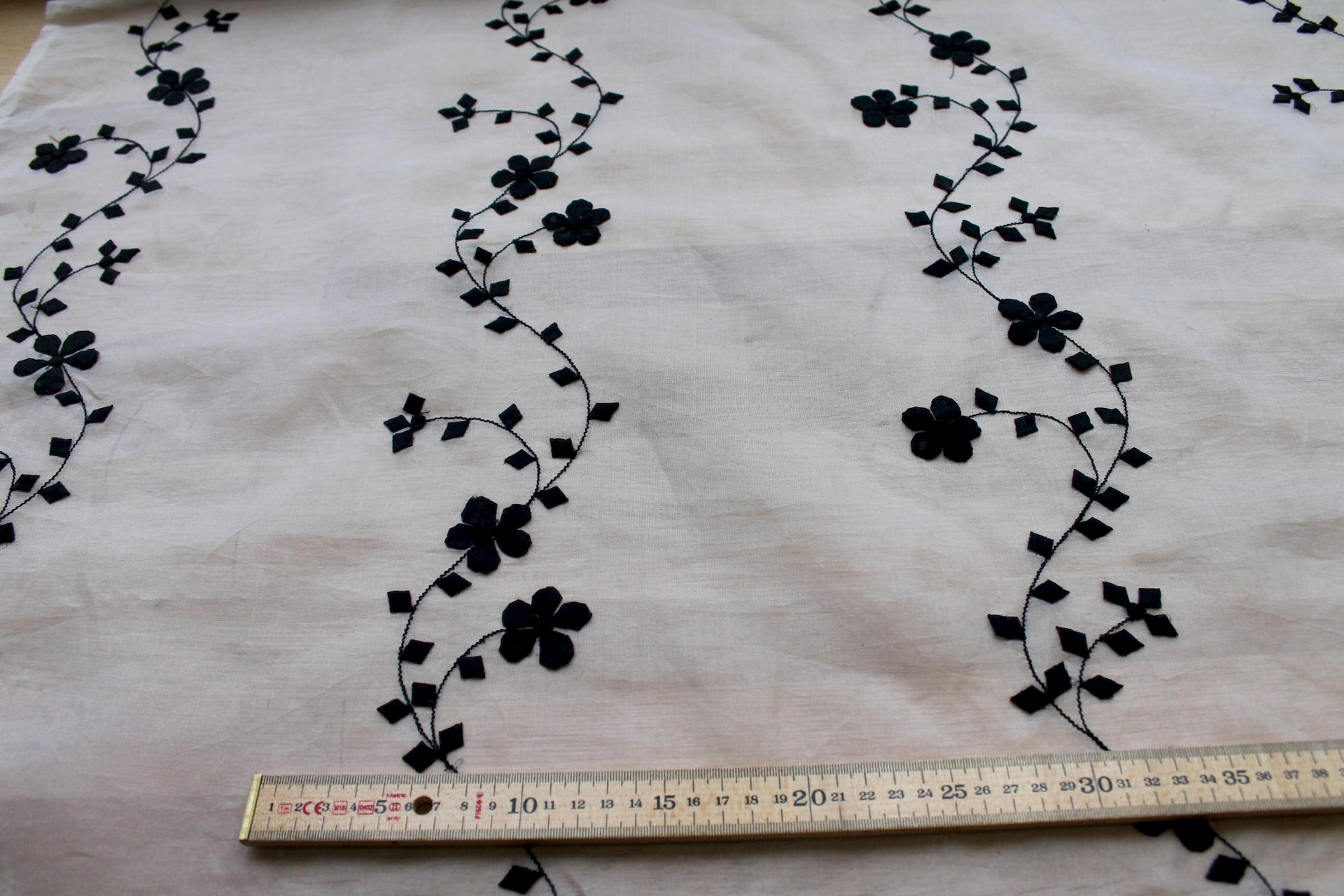 White Silk Organza - Black Applique Flowers fabric, image 7 of 8