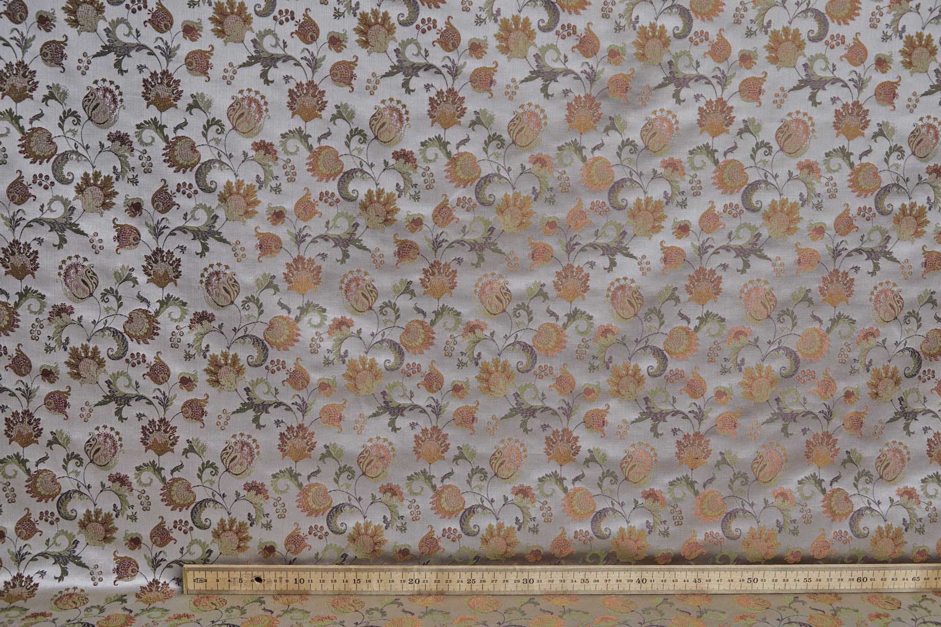 Floral Satin Brocade - Green, Mauve and Orange on Oyster fabric, image 2 of 9