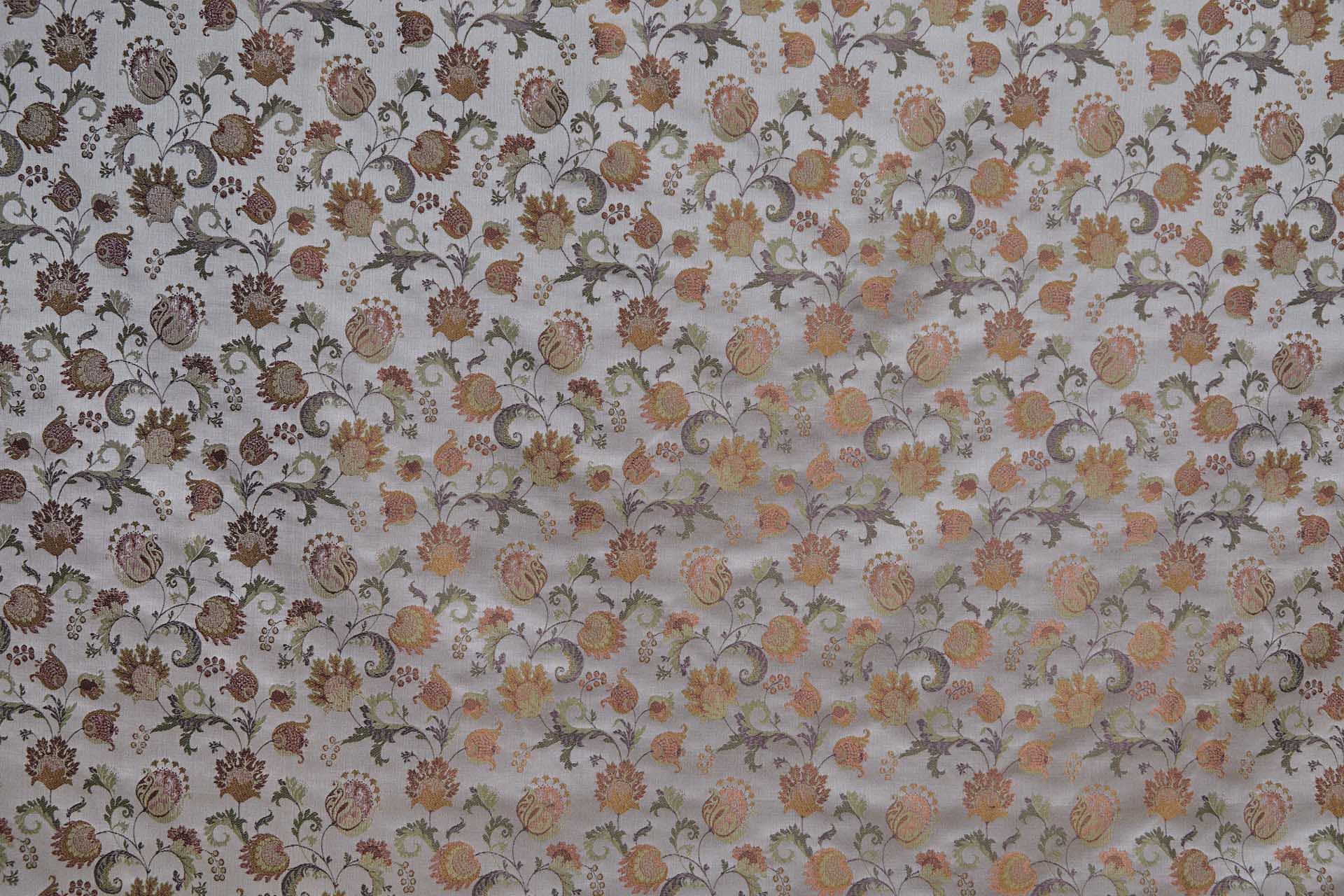 Floral Satin Brocade - Green, Mauve and Orange on Oyster fabric, image 3 of 9