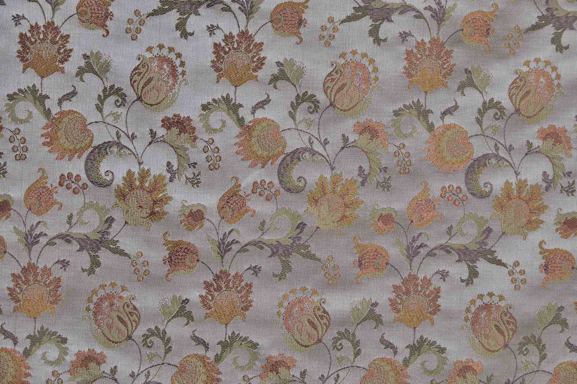 Floral Satin Brocade - Green, Mauve and Orange on Oyster fabric, image 4 of 9