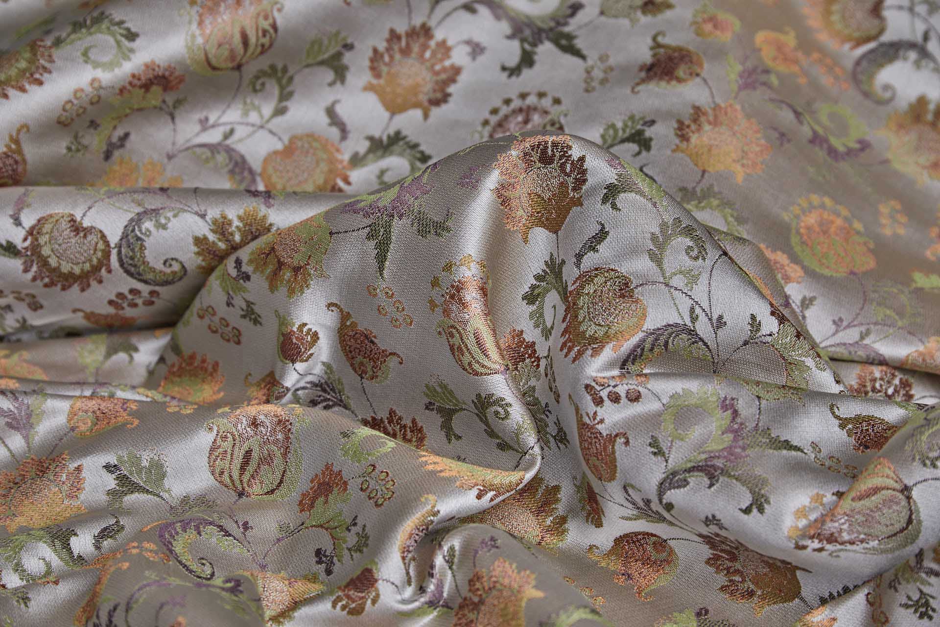 Floral Satin Brocade - Green, Mauve and Orange on Oyster fabric, image 5 of 9