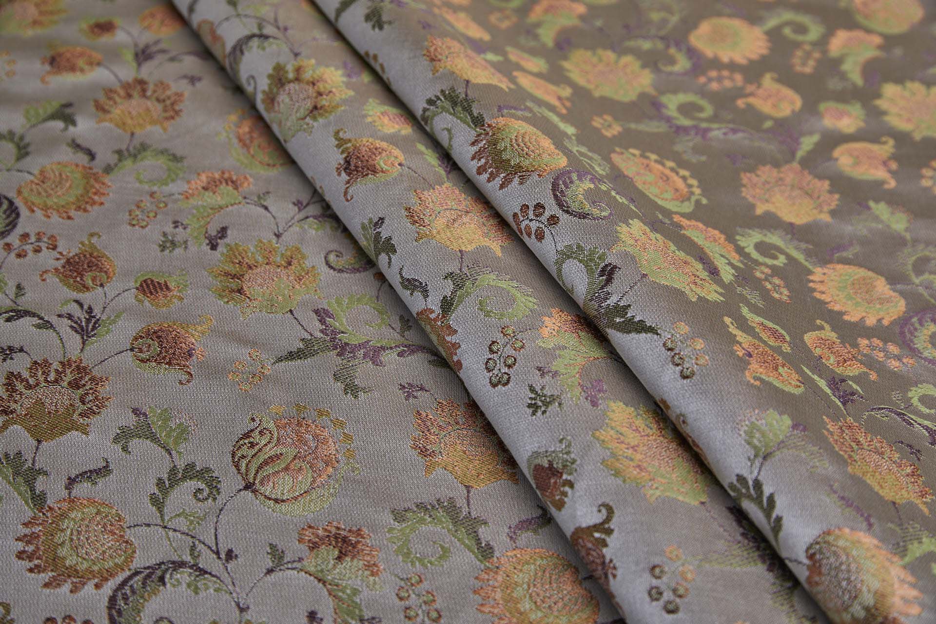 Floral Satin Brocade - Green, Mauve and Orange on Oyster fabric