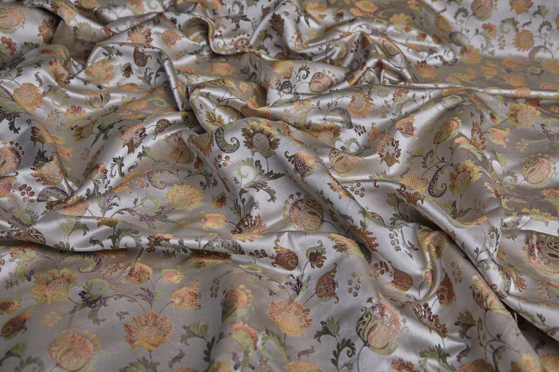 Floral Satin Brocade - Green, Mauve and Orange on Oyster fabric, image 6 of 9
