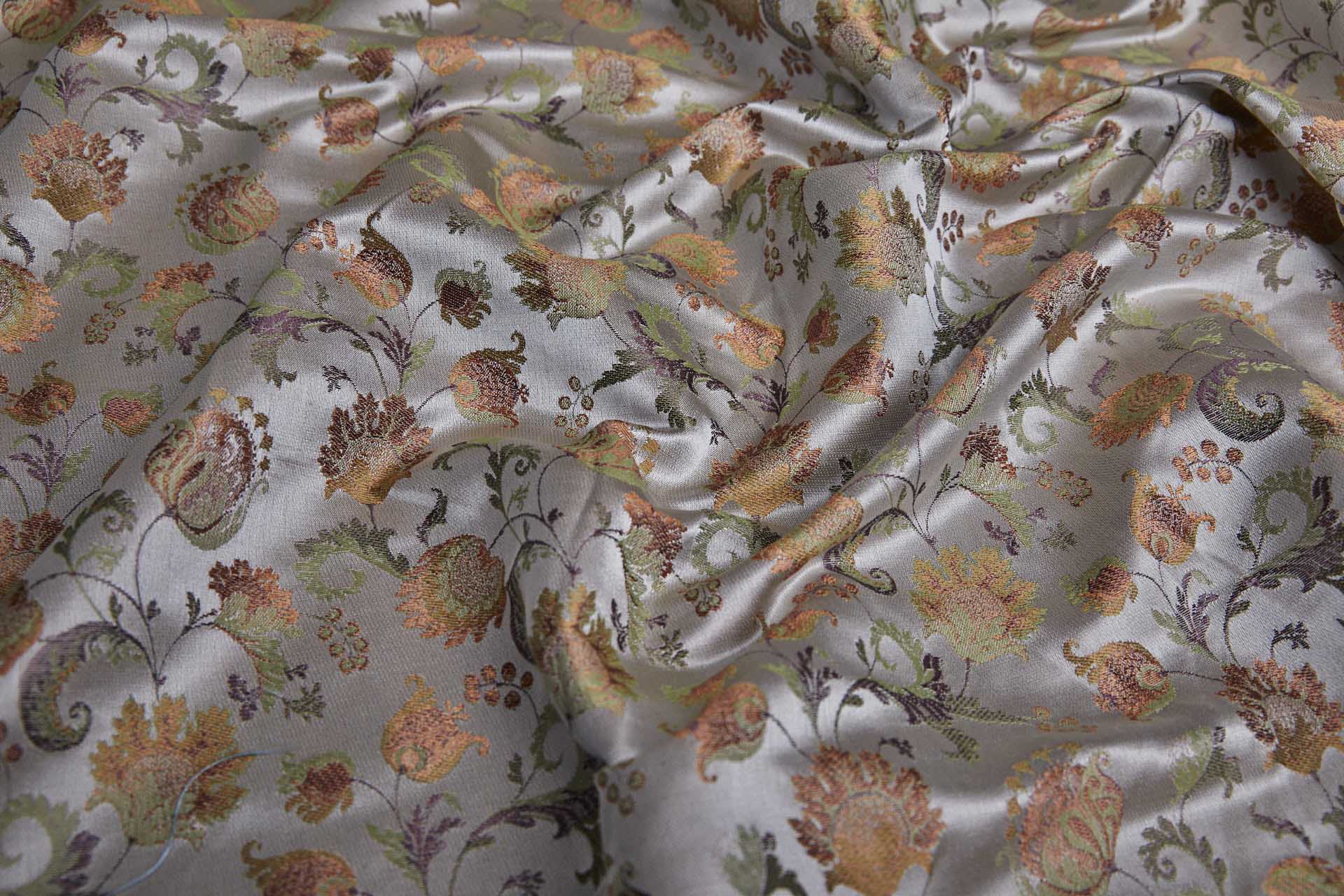 Floral Satin Brocade - Green, Mauve and Orange on Oyster fabric, image 7 of 9
