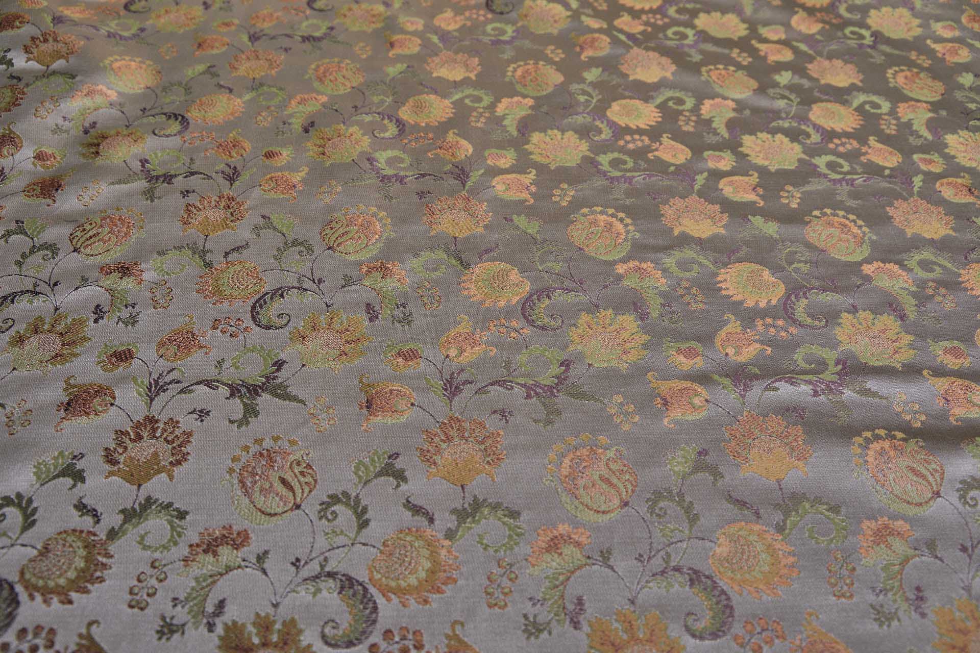 Floral Satin Brocade - Green, Mauve and Orange on Oyster fabric, image 8 of 9