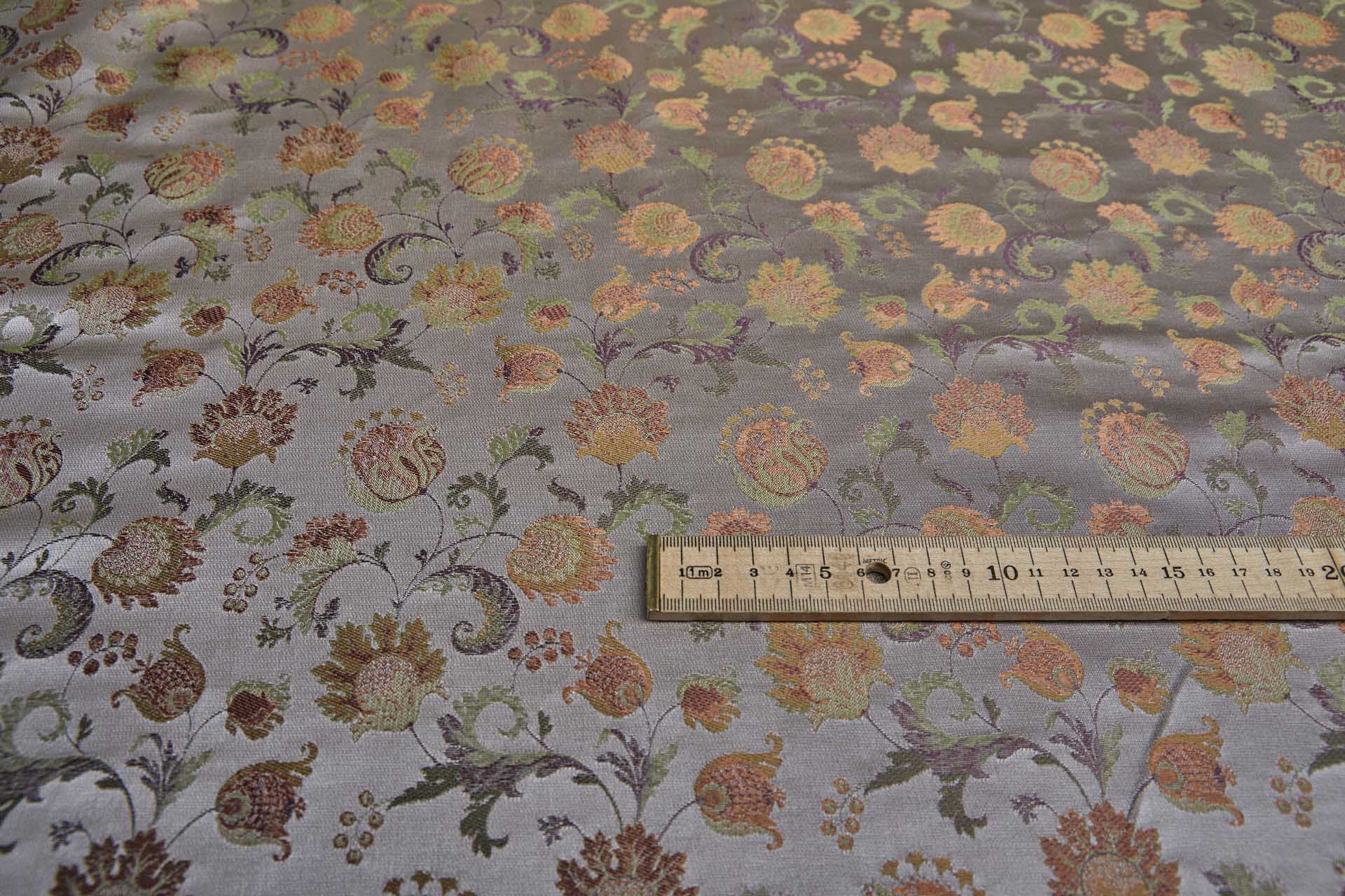 Floral Satin Brocade - Green, Mauve and Orange on Oyster fabric, image 9 of 9