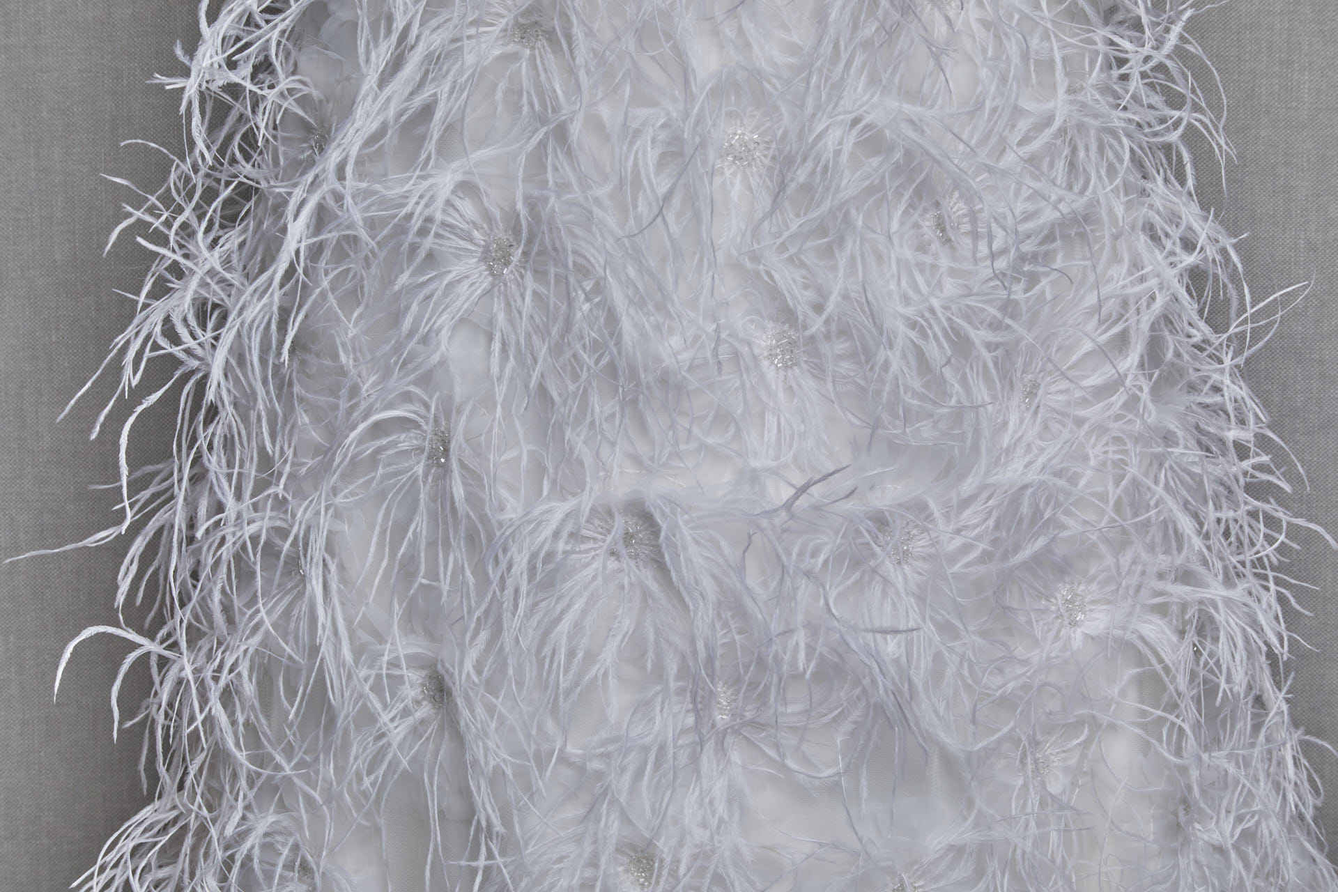Beads and Ostrich Feathers on Tulle - White fabric