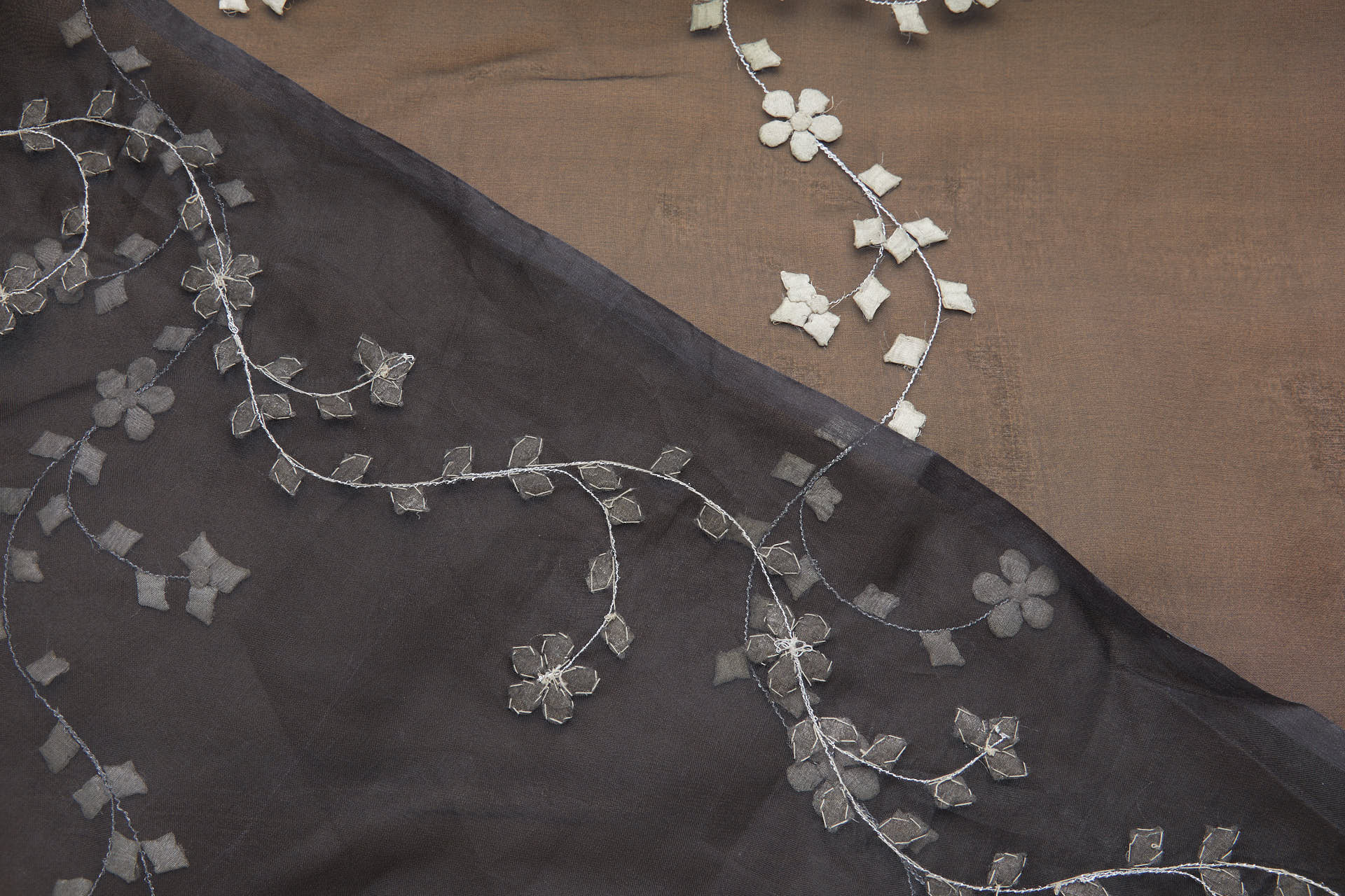 Black Silk Organza - Silver Applique Flowers fabric, image 11 of 12