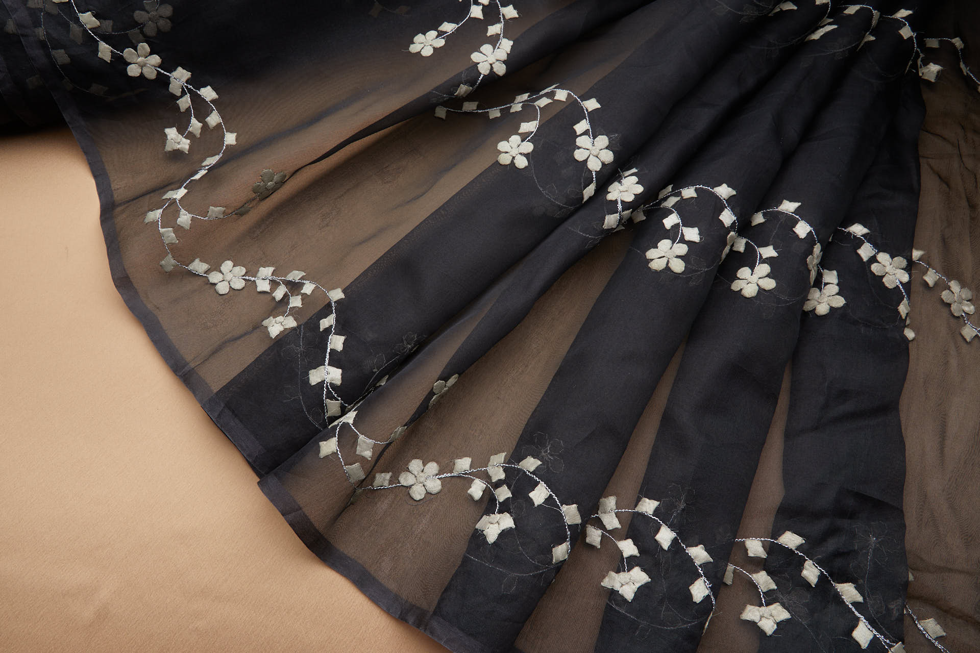 Black Silk Organza - Silver Applique Flowers fabric