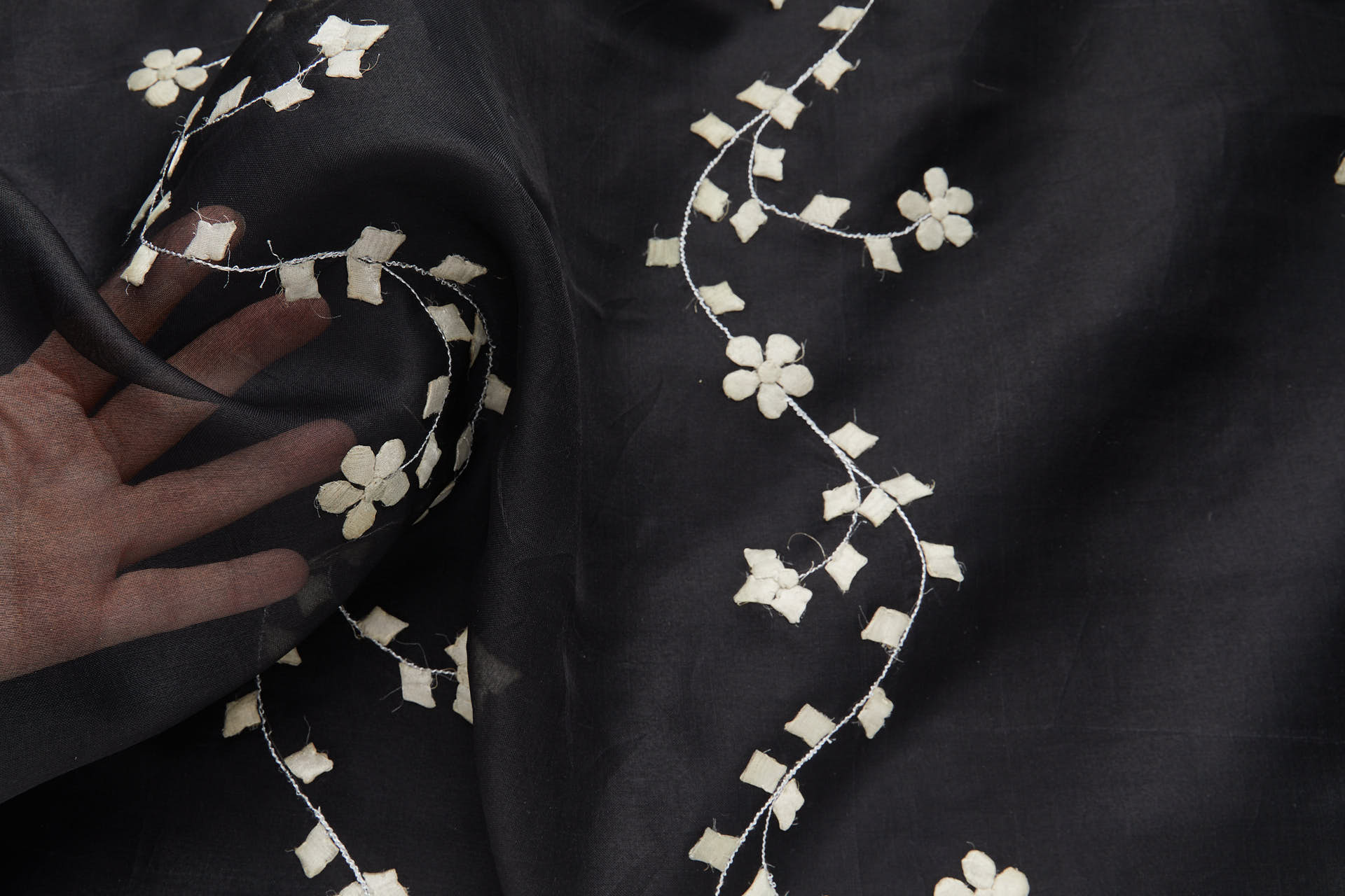 Black Silk Organza - Silver Applique Flowers fabric, image 3 of 12