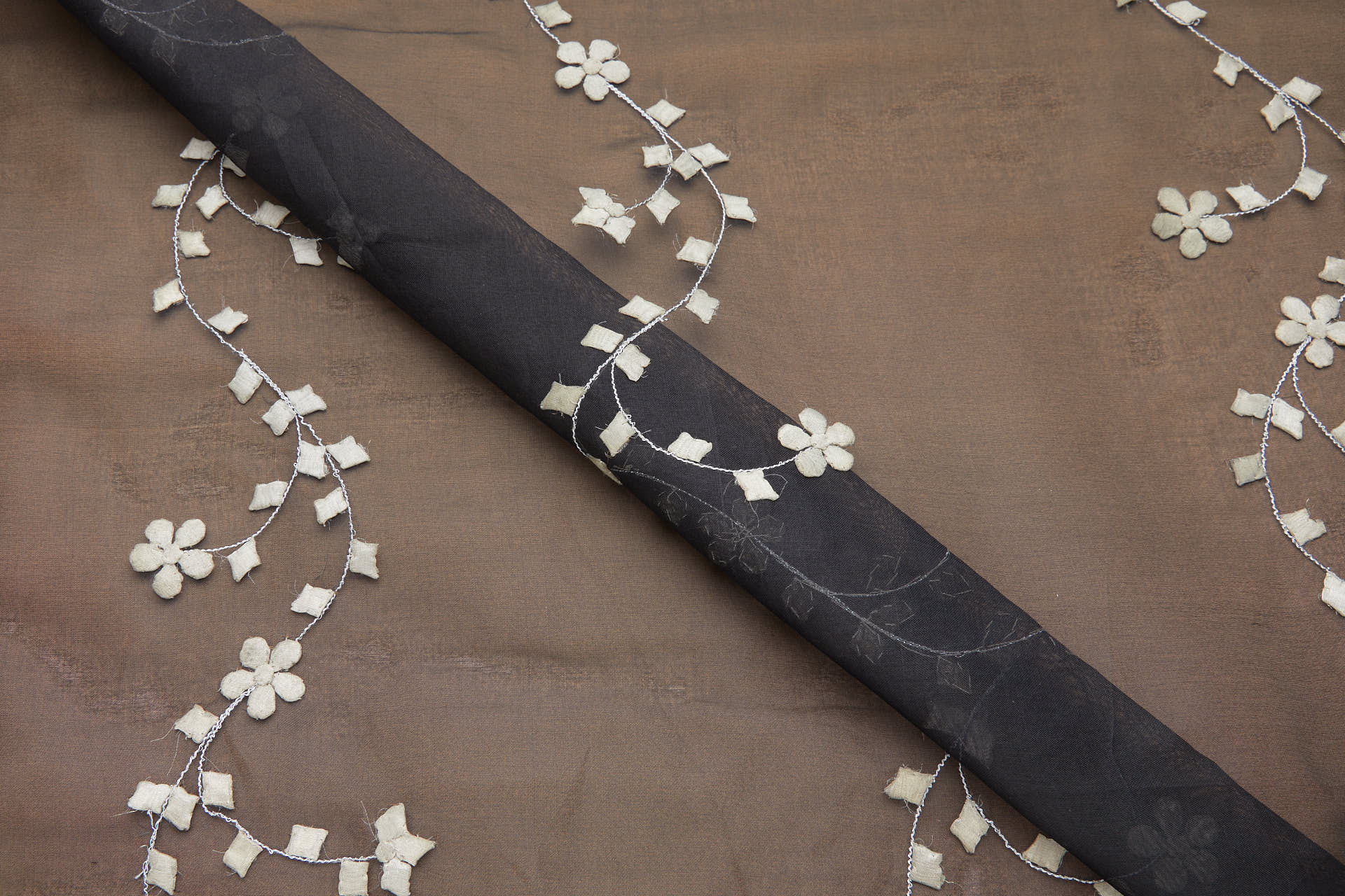 Black Silk Organza - Silver Applique Flowers fabric, image 7 of 12