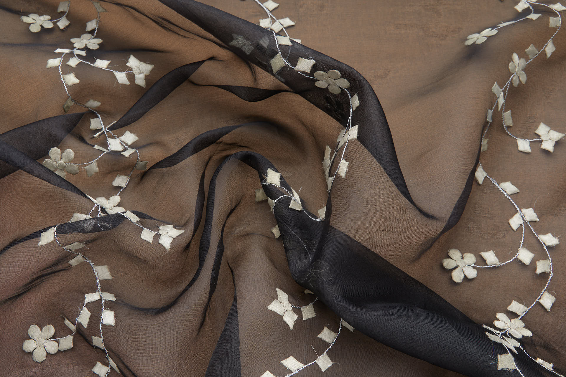 Black Silk Organza - Silver Applique Flowers fabric, image 2 of 12