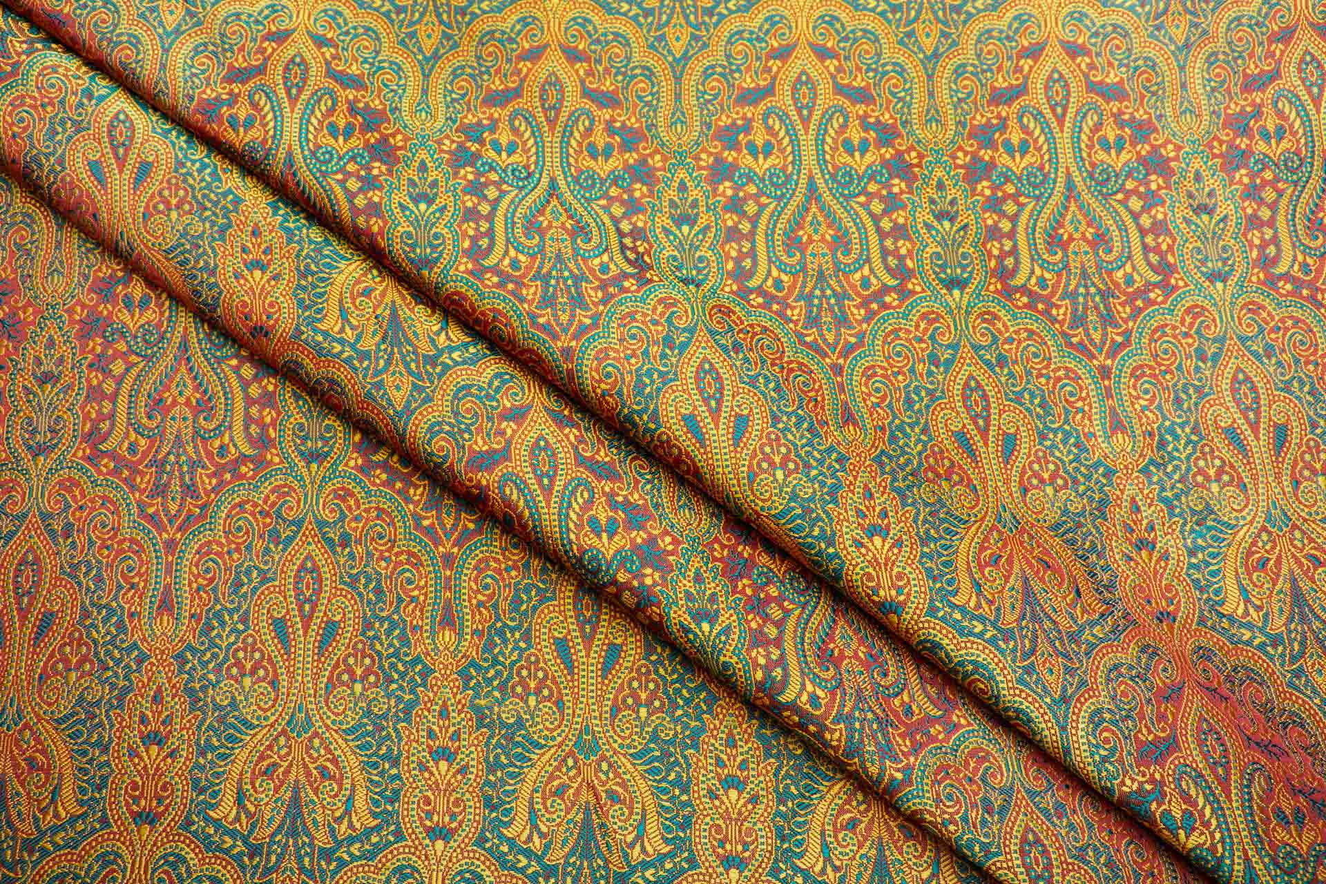 Banaras Brocade - Yellow, Emerald and Red fabric, image 5 of 11