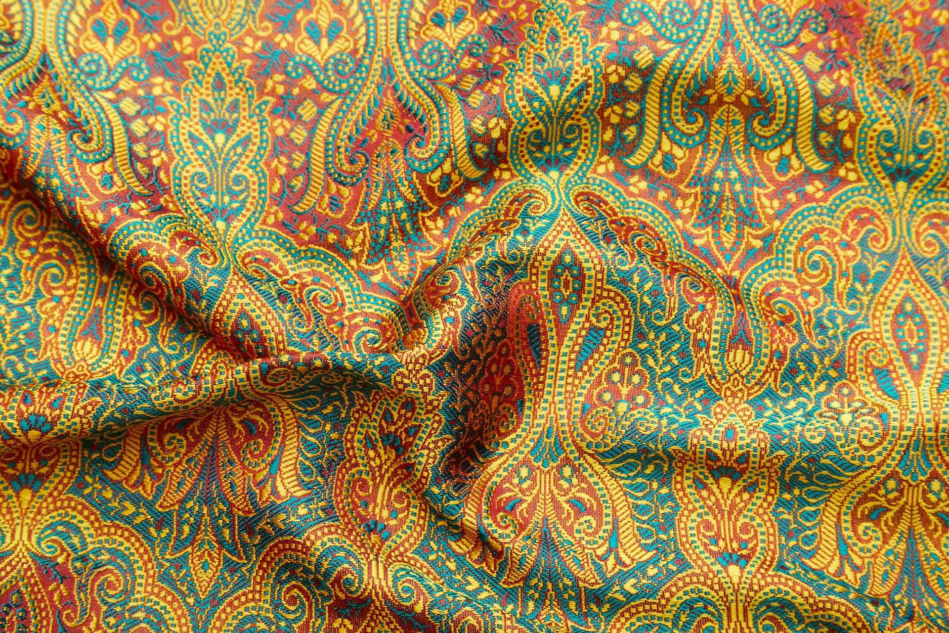 Banaras Brocade - Yellow, Emerald and Red fabric, image 2 of 11