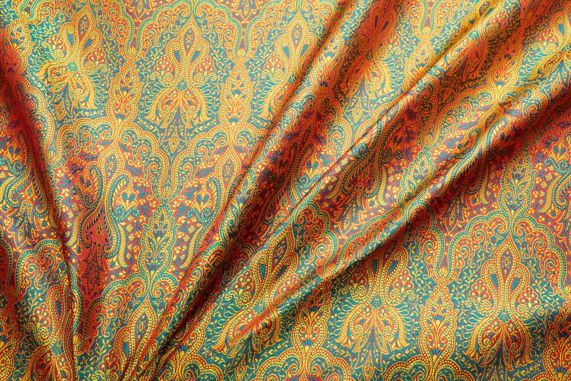 Banaras Brocade - Yellow, Emerald and Red fabric, image 3 of 11