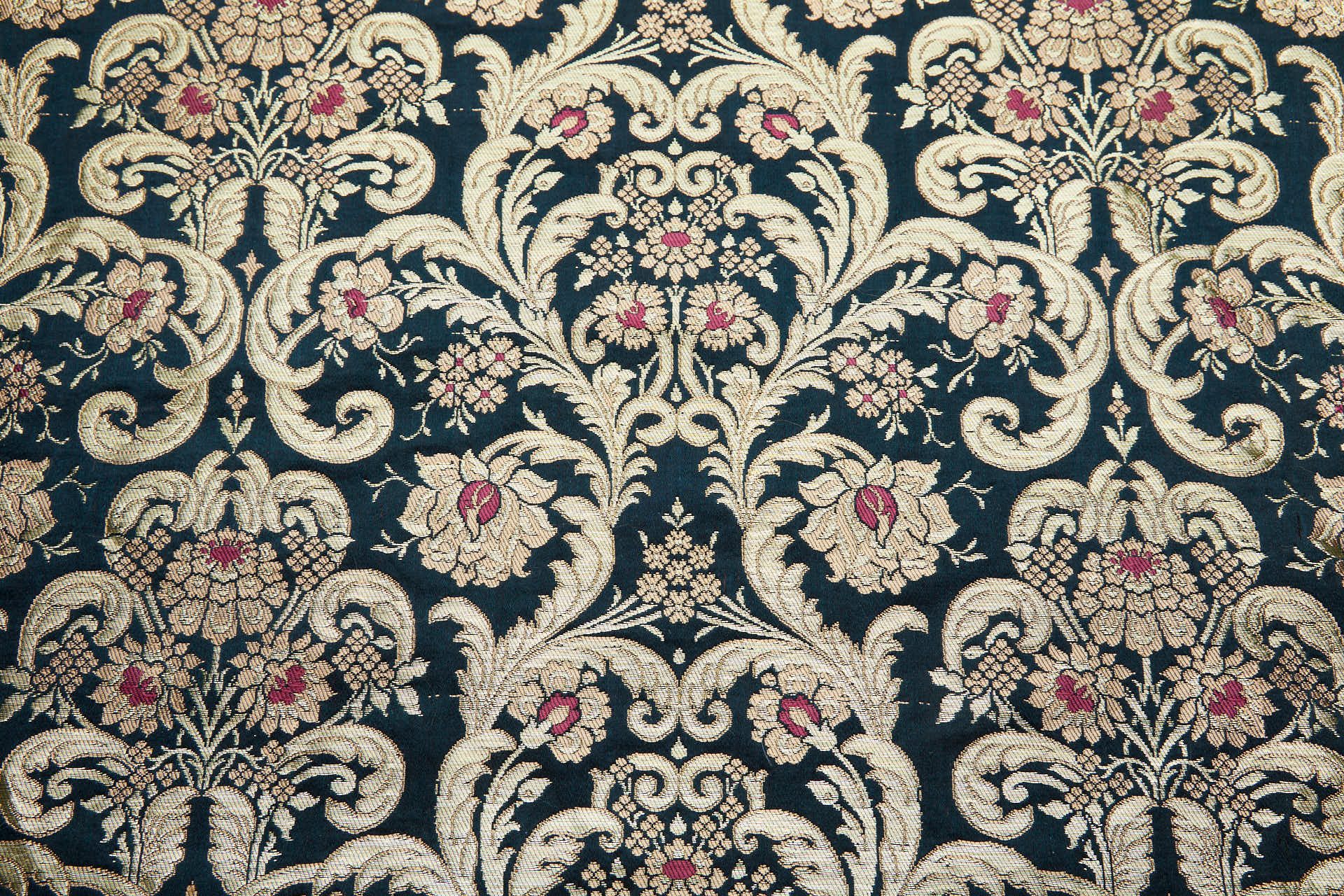 Heavy Banaras Brocade - Black with Burgundy, Taupe and Gold fabric