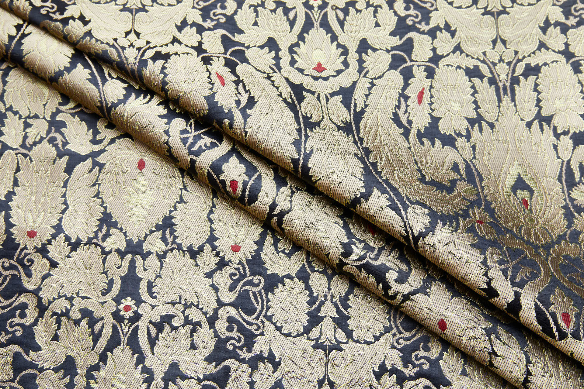 Heavy Banaras Brocade - Black with Straw Gold, Red and Gold fabric, image 3 of 8