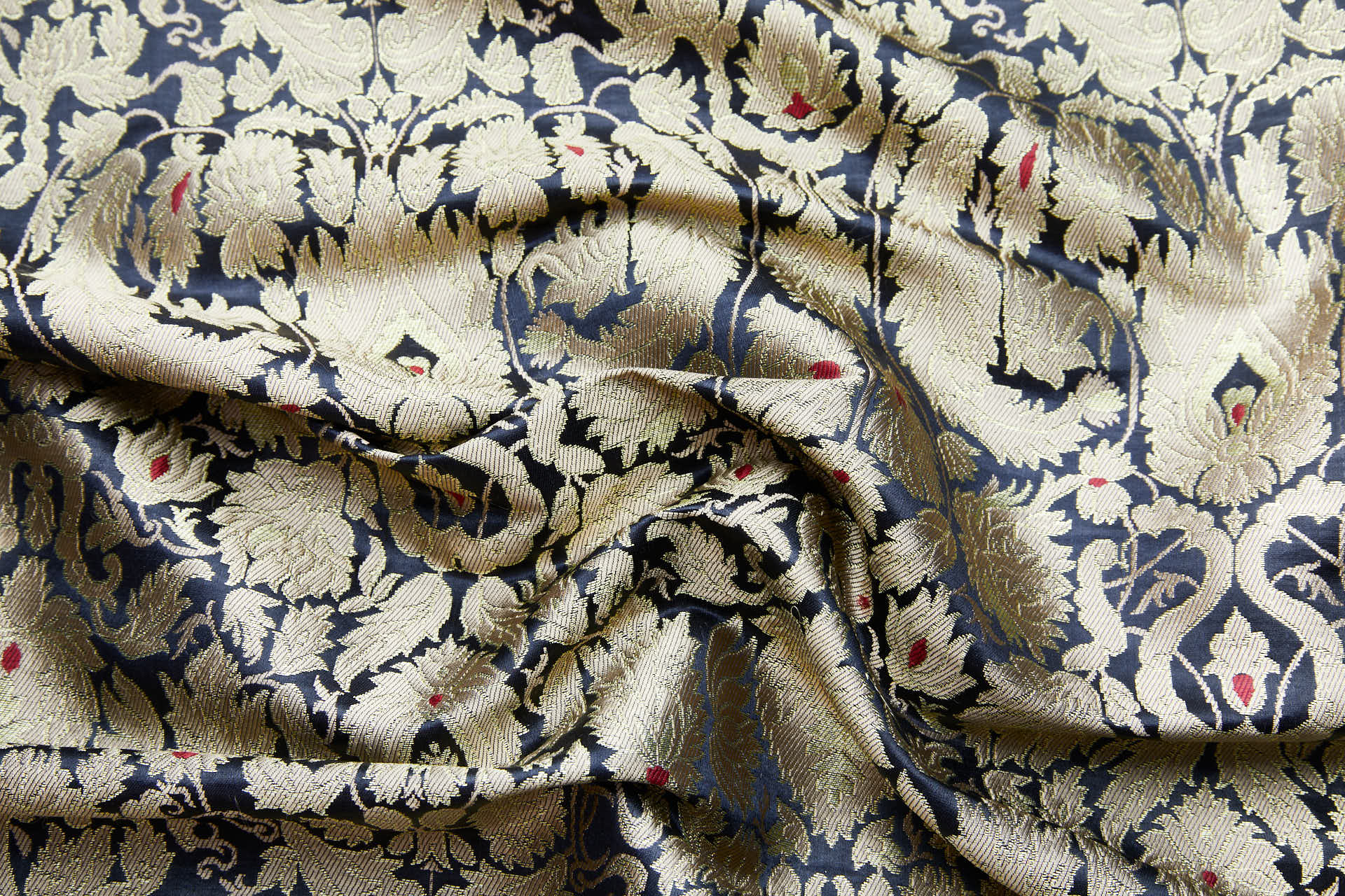 Heavy Banaras Brocade - Black with Straw Gold, Red and Gold fabric, image 4 of 8