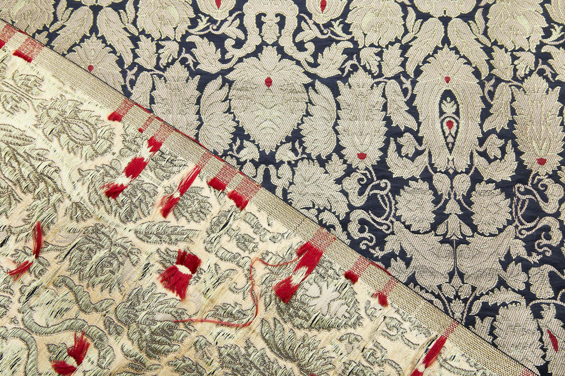 Heavy Banaras Brocade - Black with Straw Gold, Red and Gold fabric, image 5 of 8