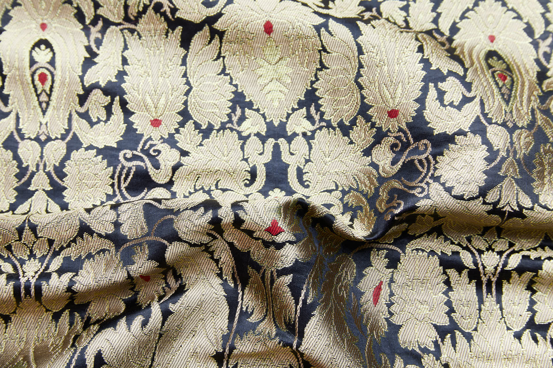 Heavy Banaras Brocade - Black with Straw Gold, Red and Gold fabric, image 2 of 8