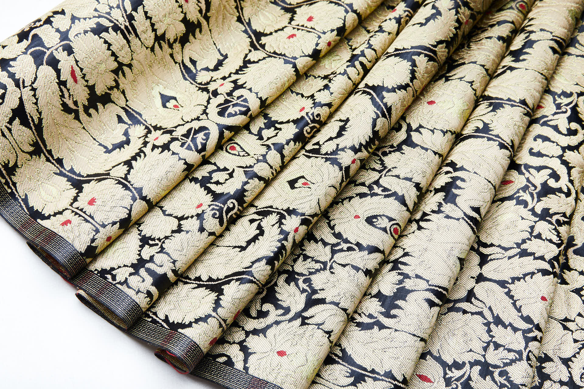 Heavy Banaras Brocade - Black with Straw Gold, Red and Gold fabric, image 6 of 8