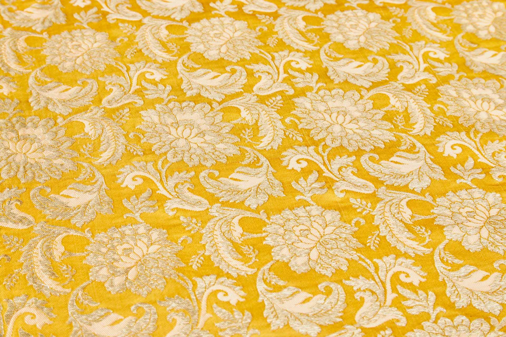 Heavy Banaras Brocade - Egg Yolk Yellow and Peach / Gold fabric, image 2 of 7