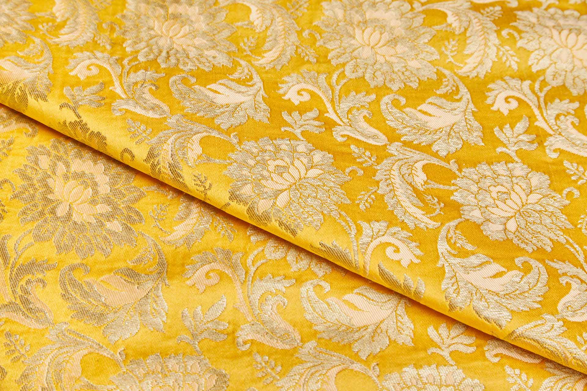 Heavy Banaras Brocade - Egg Yolk Yellow and Peach / Gold fabric