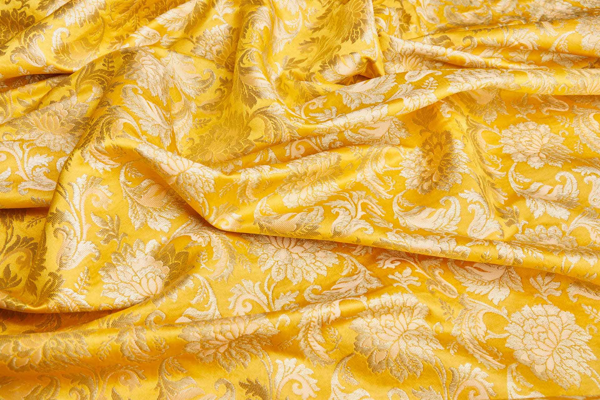 Heavy Banaras Brocade - Egg Yolk Yellow and Peach / Gold fabric, image 3 of 7