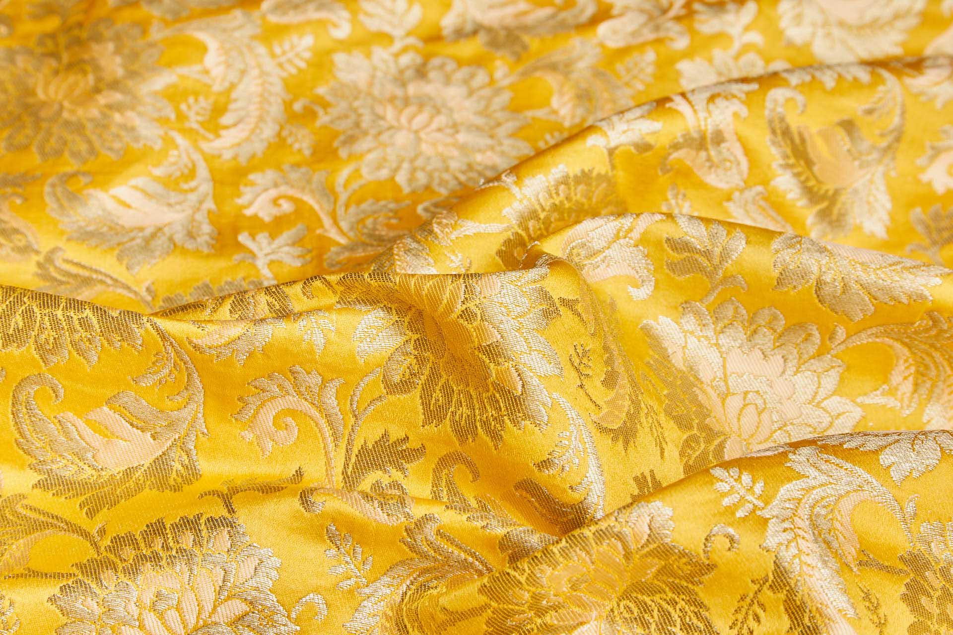 Heavy Banaras Brocade - Egg Yolk Yellow and Peach / Gold fabric, image 4 of 7