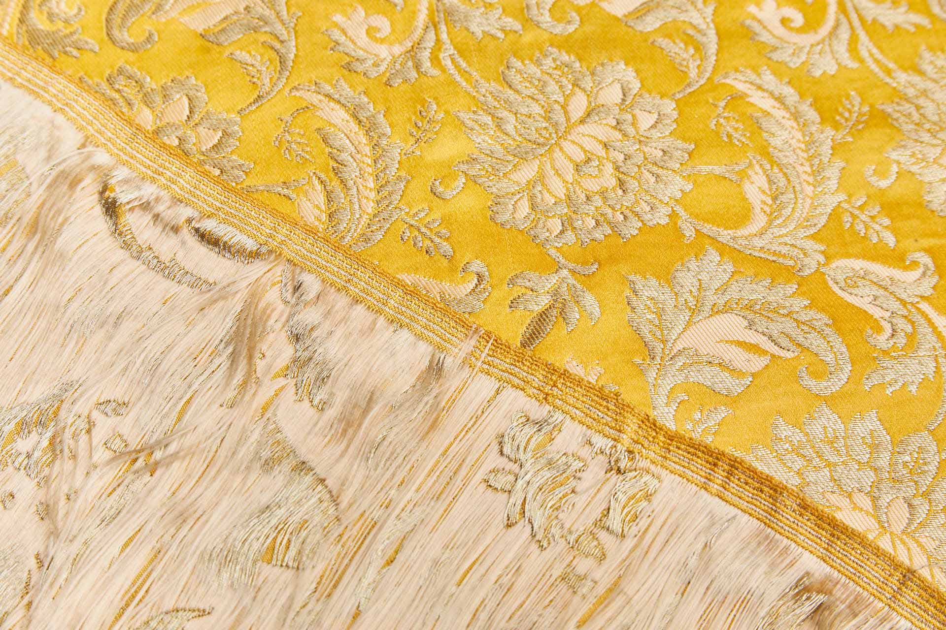 Heavy Banaras Brocade - Egg Yolk Yellow and Peach / Gold fabric, image 5 of 7