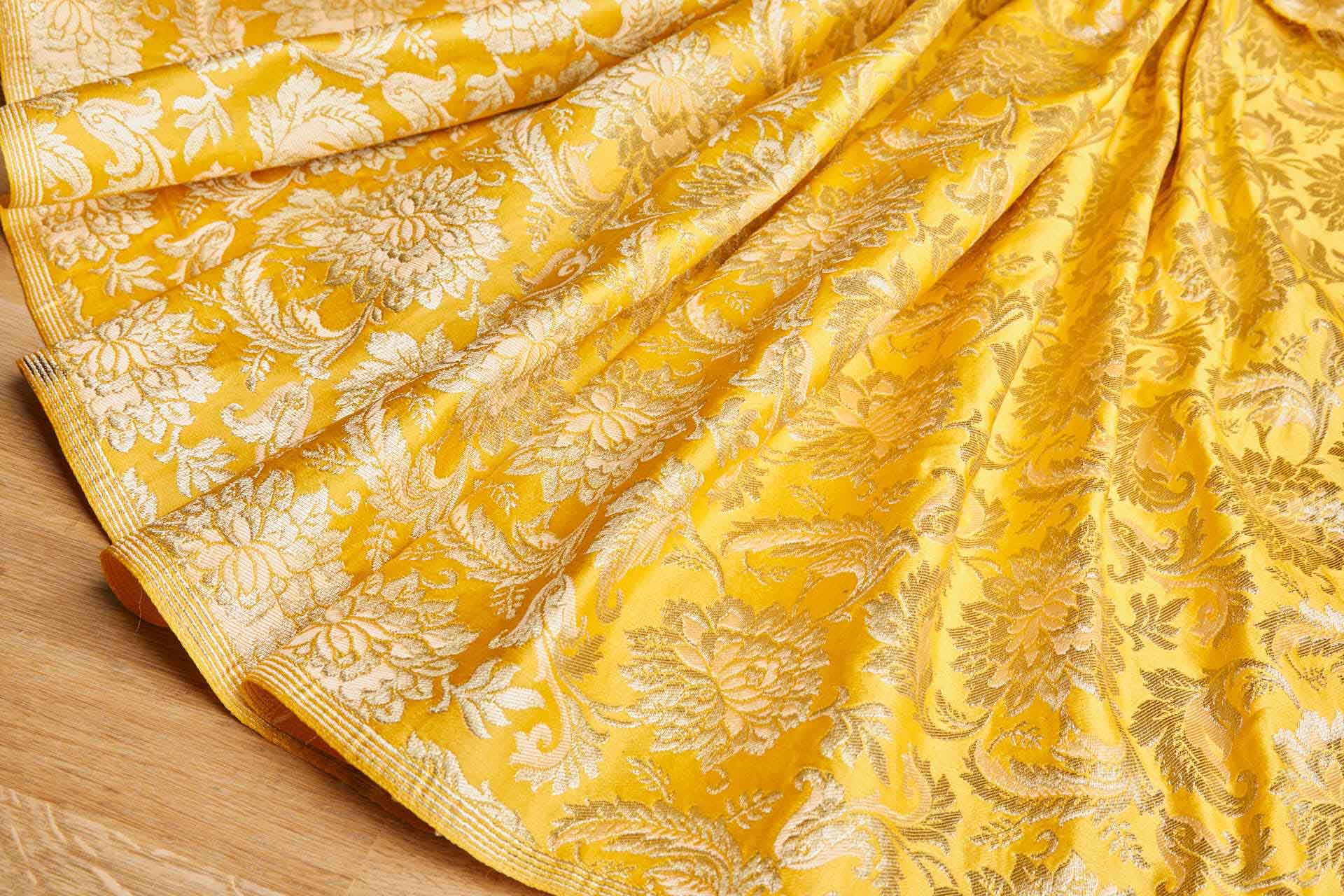 Heavy Banaras Brocade - Egg Yolk Yellow and Peach / Gold fabric, image 6 of 7