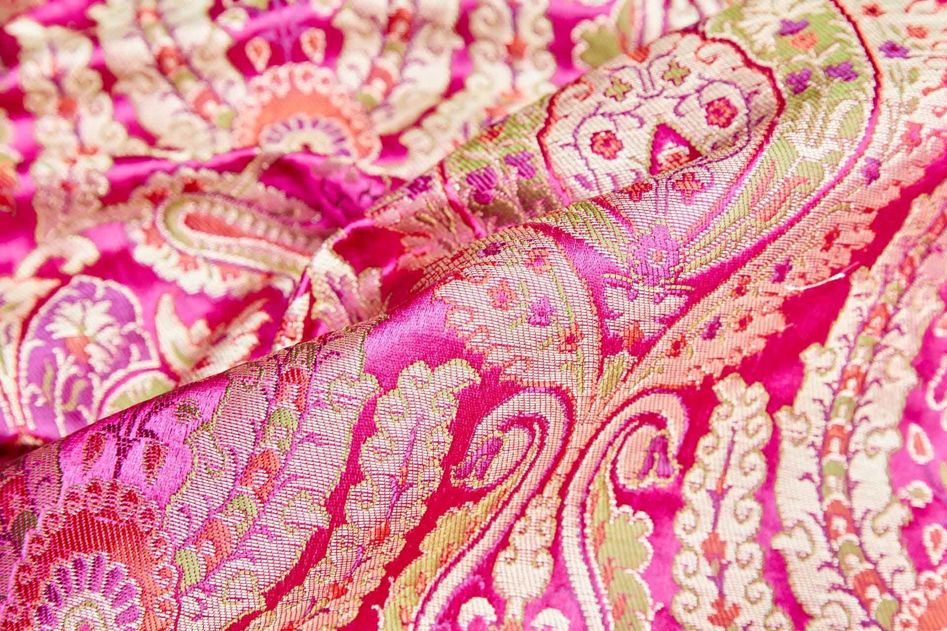 Heavy Banaras Brocade - Pink and Coral with Gold fabric, image 2 of 8