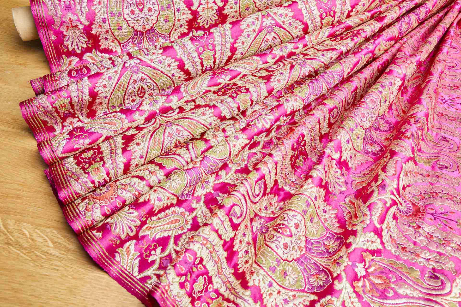 Heavy Banaras Brocade - Pink and Coral with Gold fabric, image 3 of 8