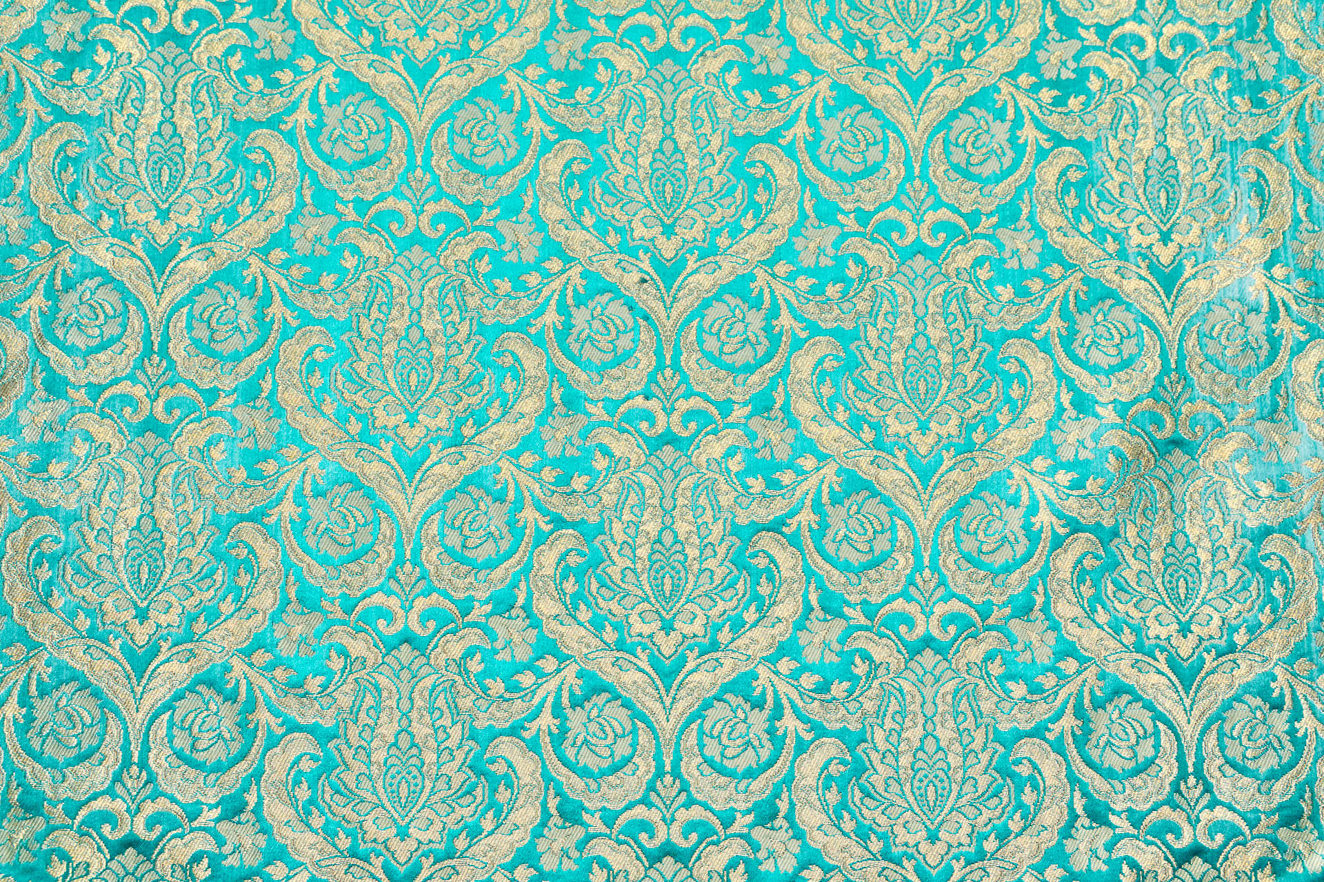 Heavy Banaras Brocade - Ornate Floral Cyan and Gold fabric