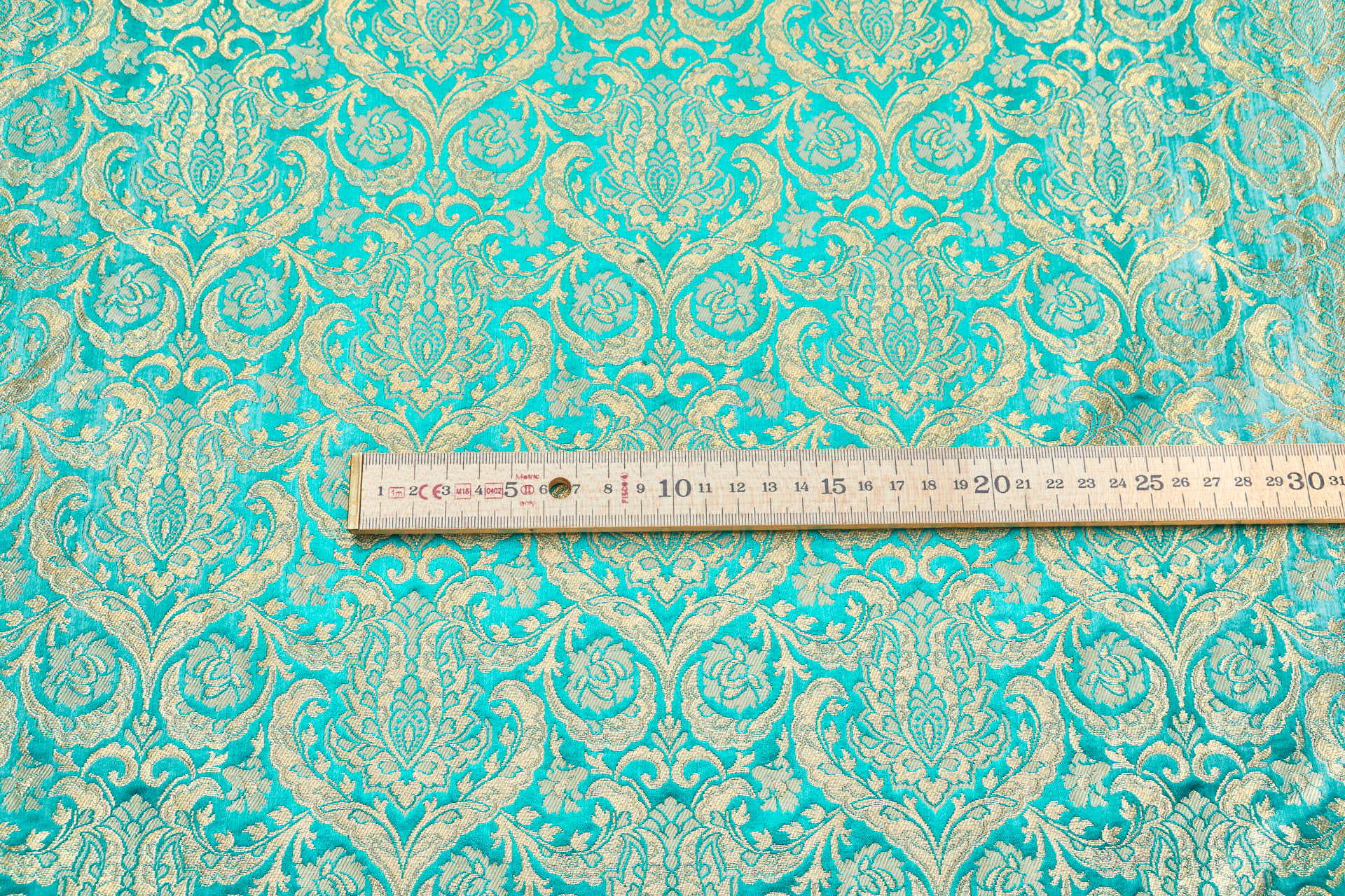 Heavy Banaras Brocade - Ornate Floral Cyan and Gold fabric, image 5 of 7
