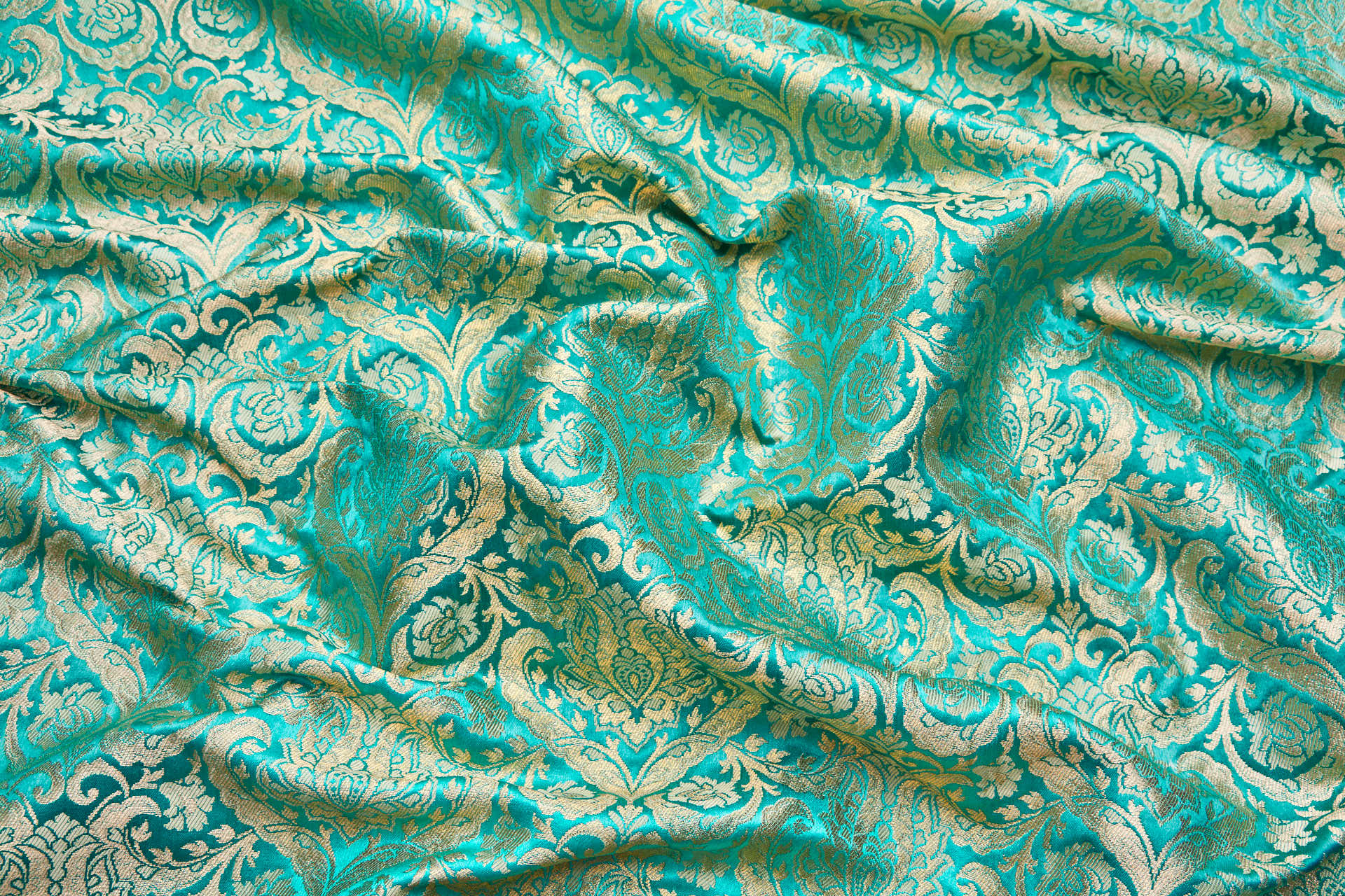 Heavy Banaras Brocade - Ornate Floral Cyan and Gold fabric, image 2 of 7