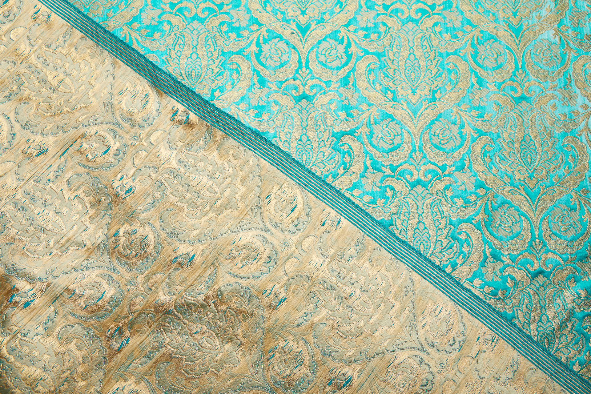 Heavy Banaras Brocade - Ornate Floral Cyan and Gold fabric, image 4 of 7